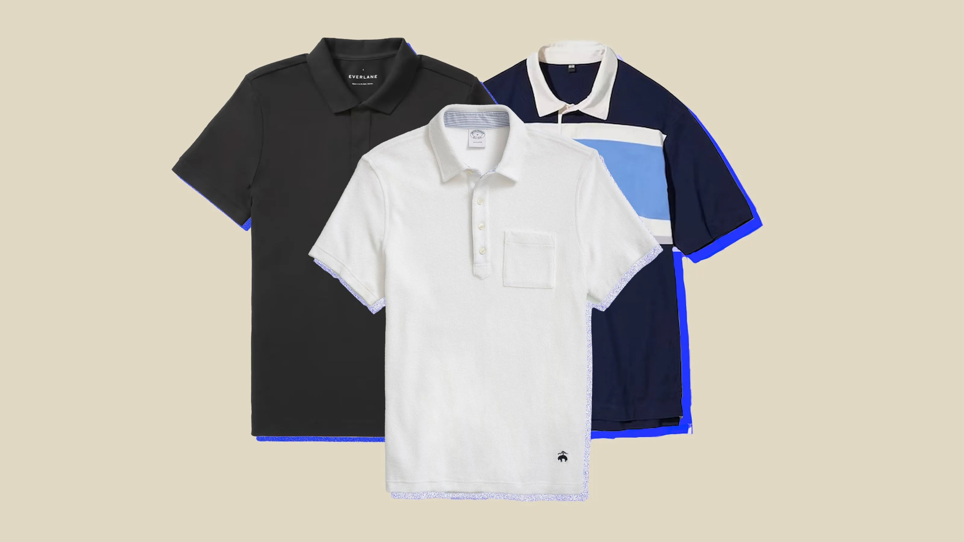 collage of everlane uniqlo and brooks brothers polo shirts