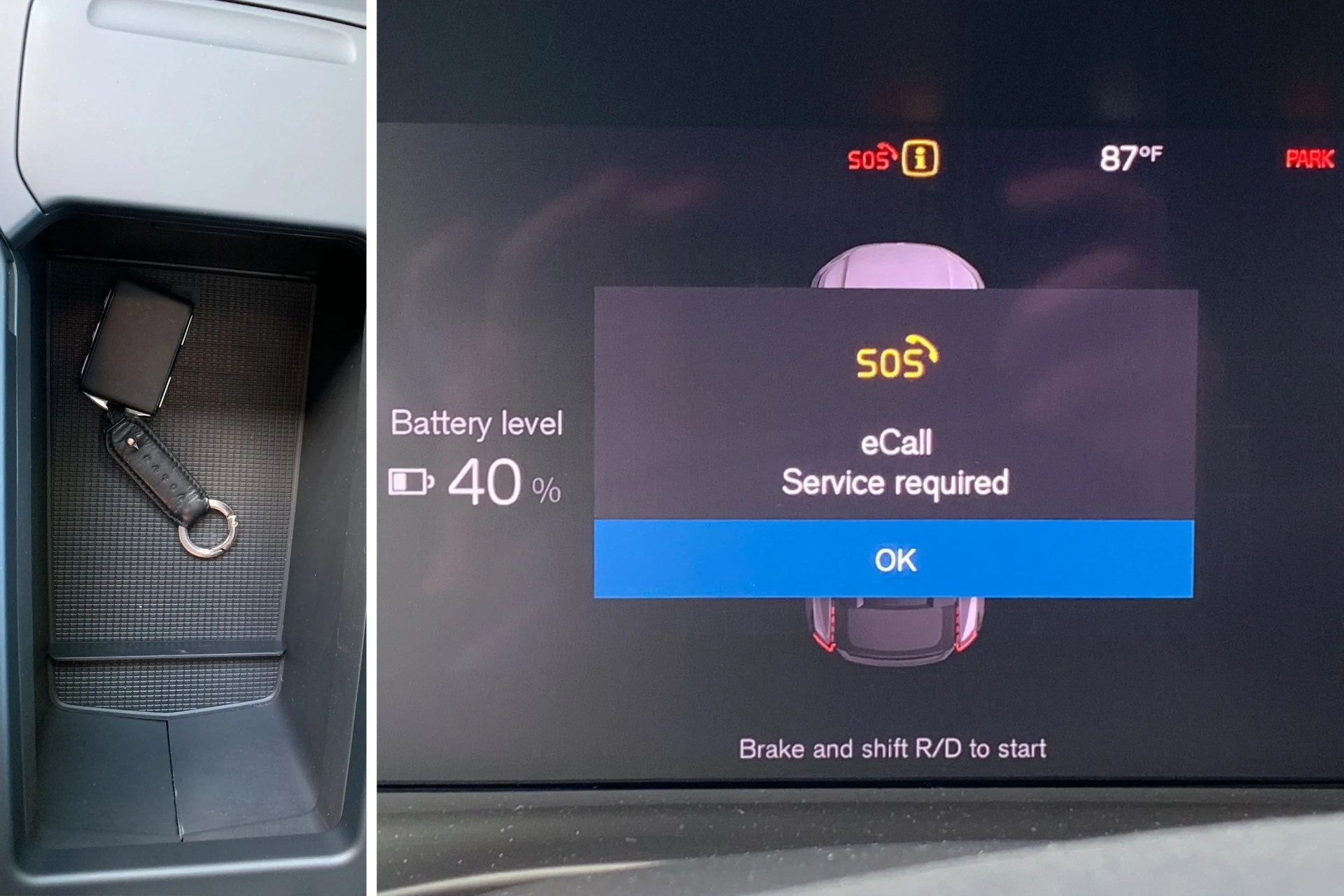 split picture of a key fob in the center console bin and an sos warning on a volvo instrument display