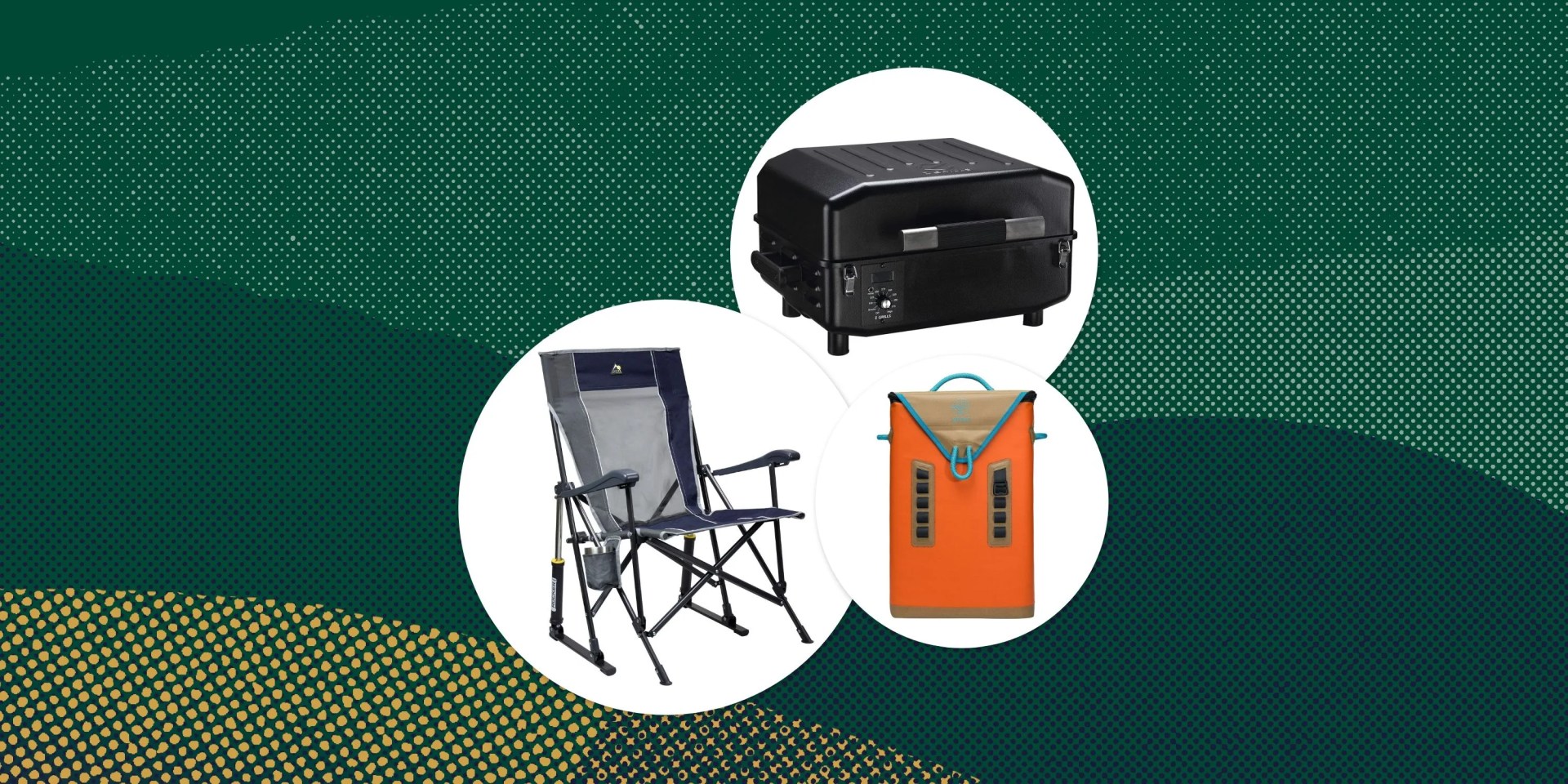 collage of a rocking camp chair, grill, and cooler backpack