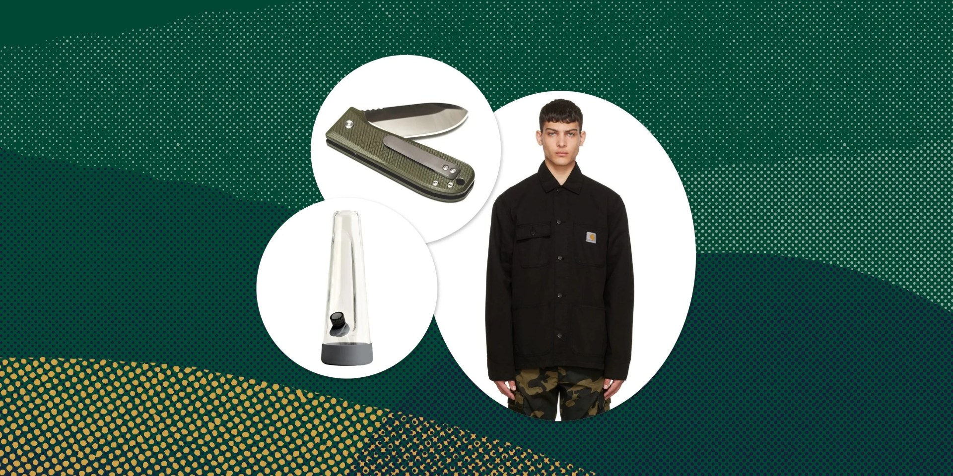collage of a pocket knife, bong, and man wearing a carhardtt jacket