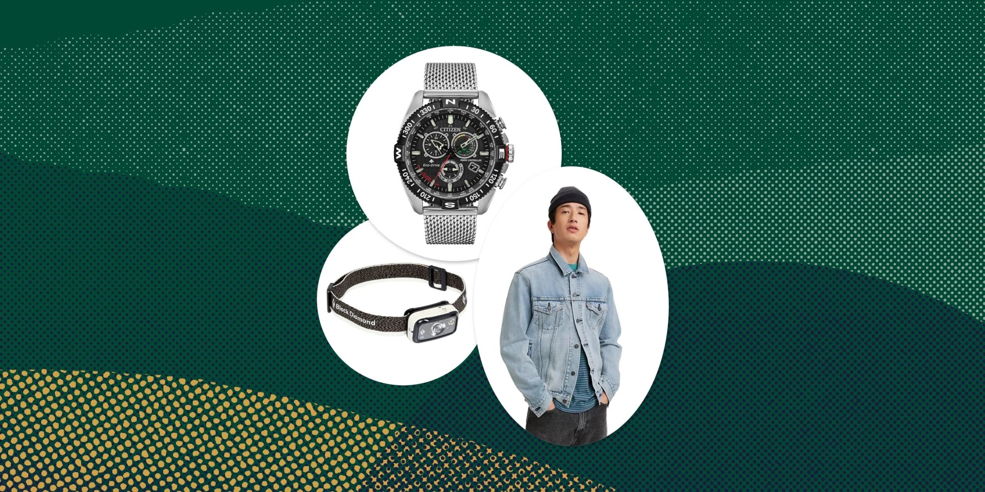 collage of a watch, headlamp, and man wearing a levis jean jacket with a beanie hat