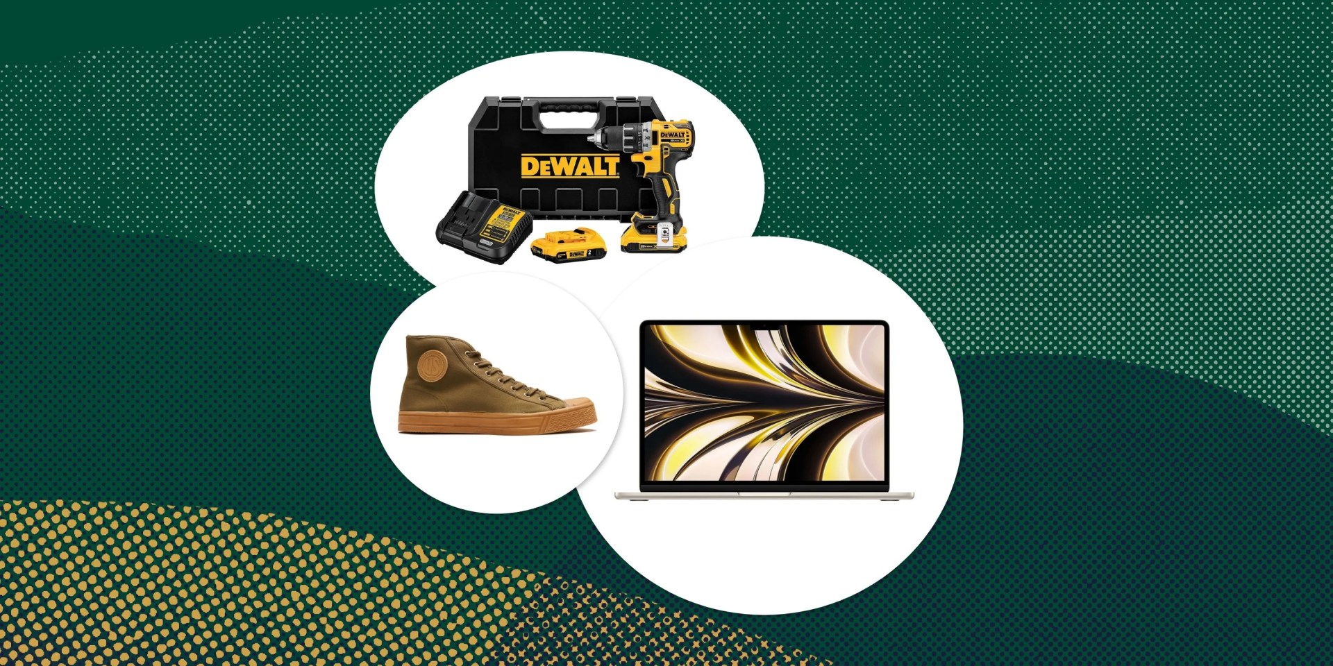 collage of a drill set, sneaker, and macbook laptop