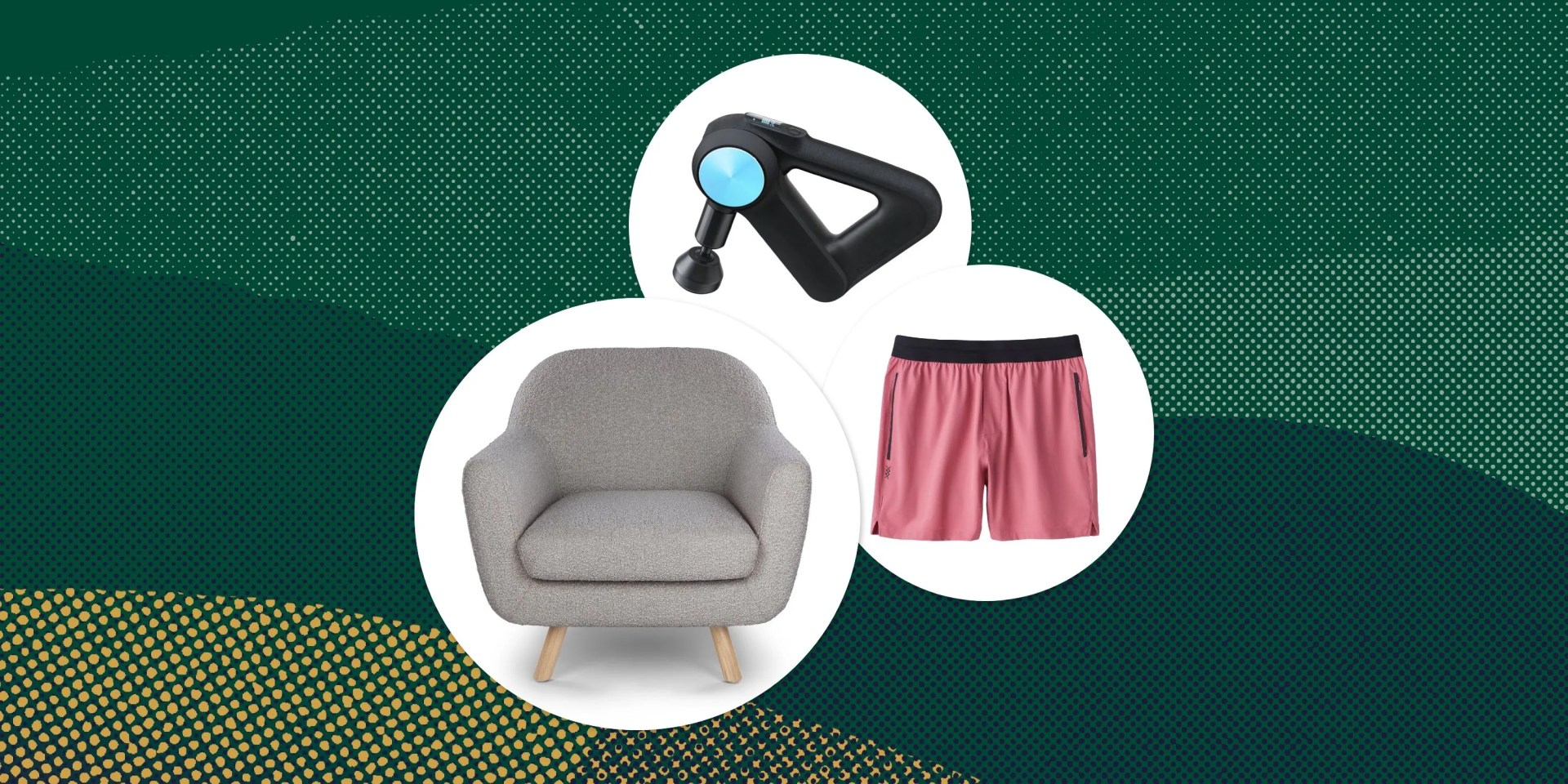 collage of a gray chair, theragun, and pink shorts