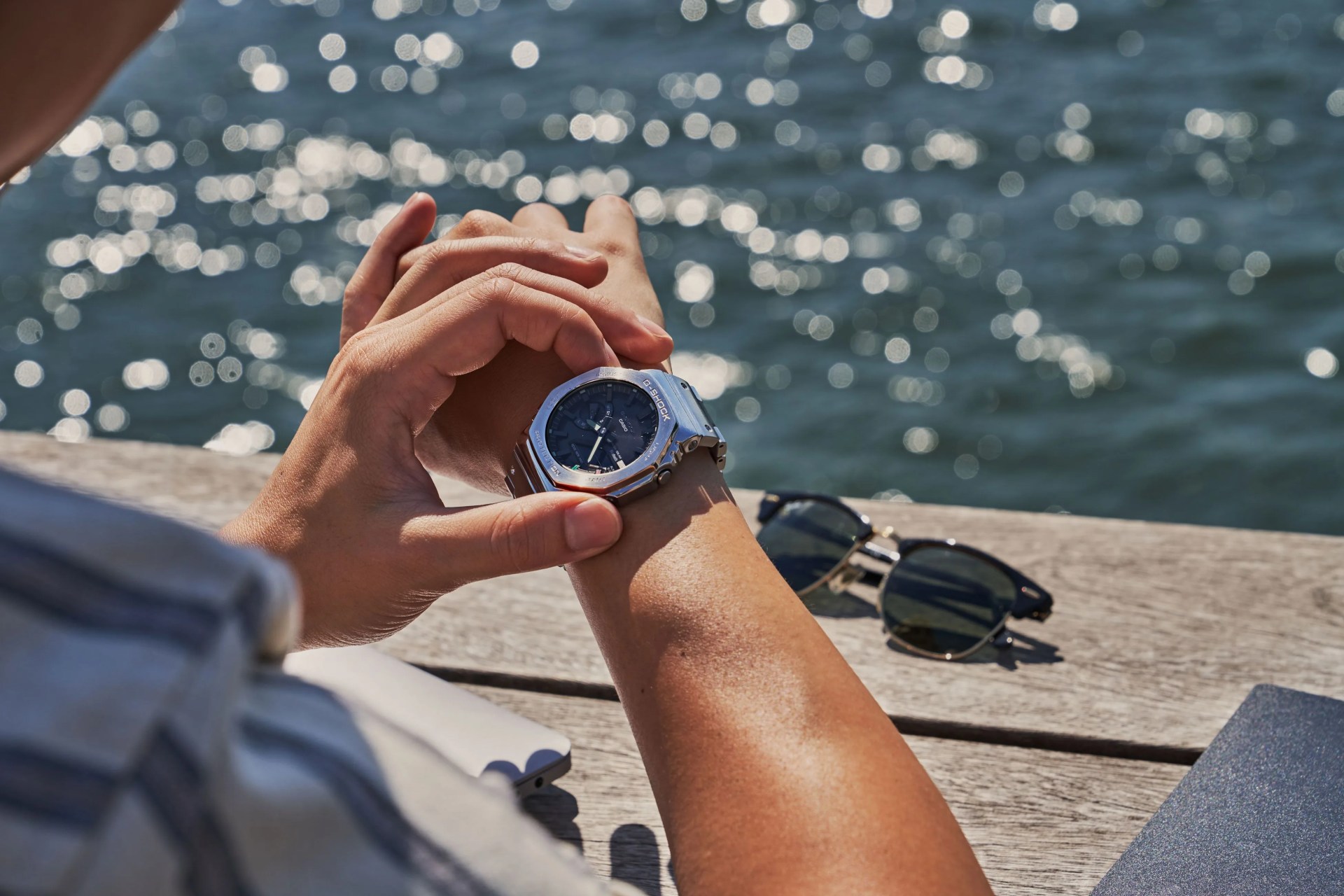man wearing casio glashutte watch