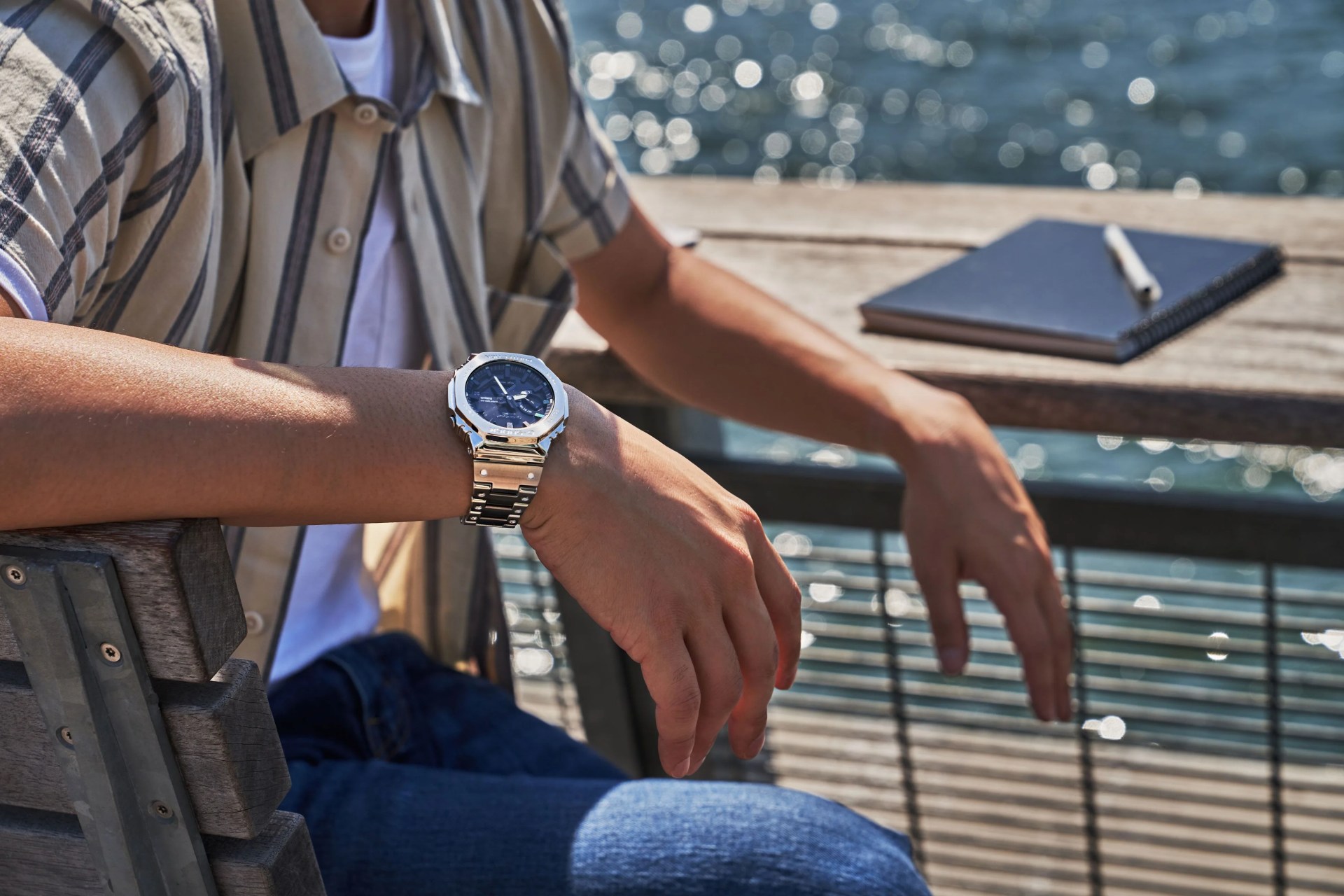 man wearing casio glashutte watch