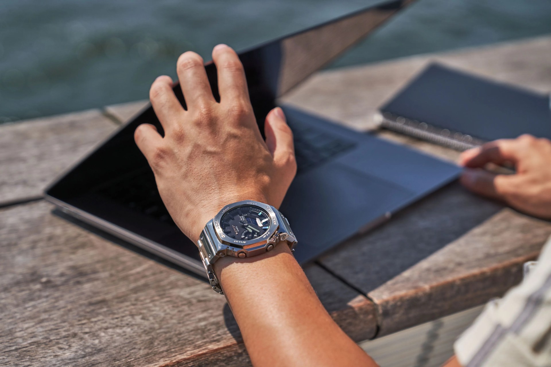 man wearing casio glashutte watch