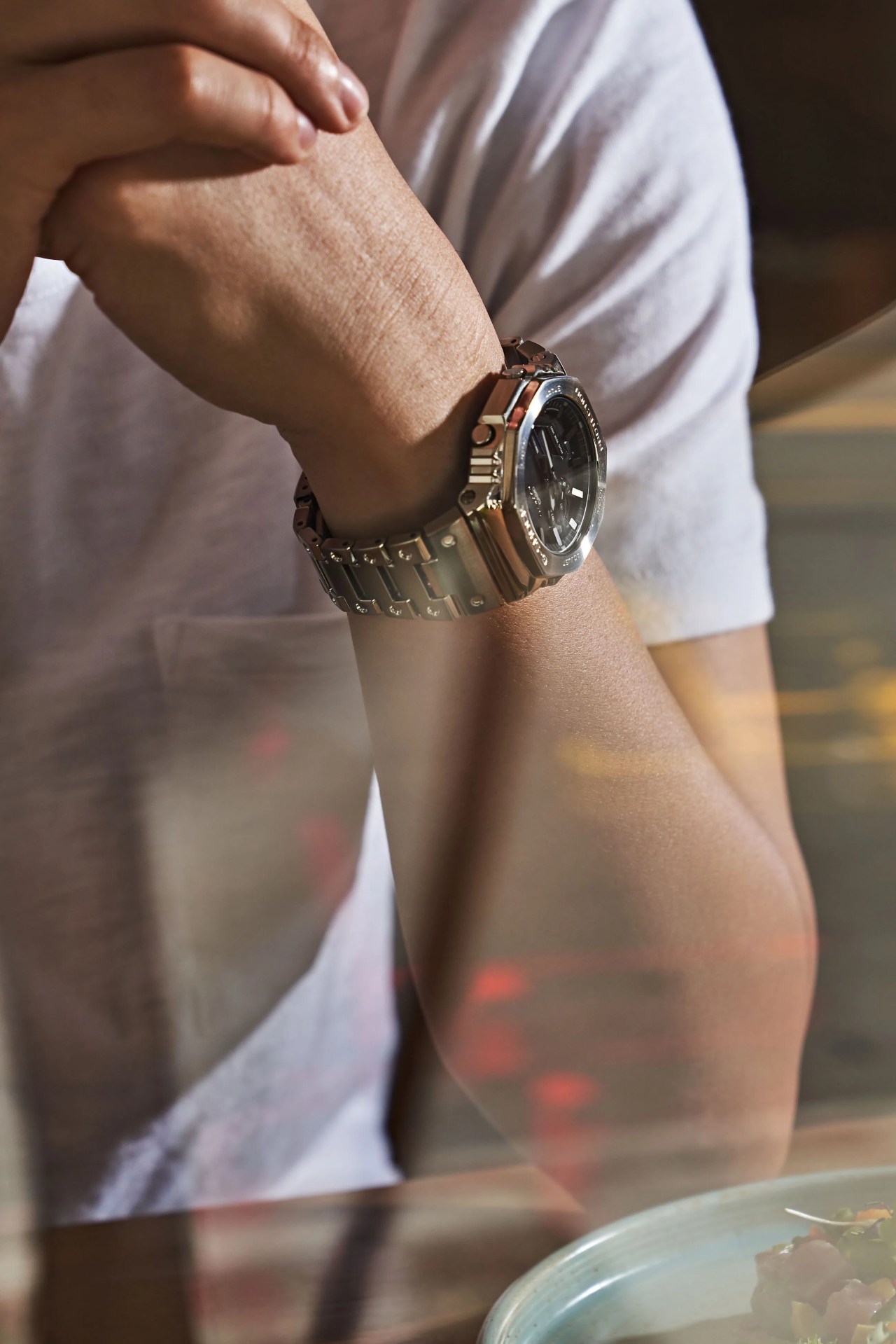 man wearing casio glashutte watch