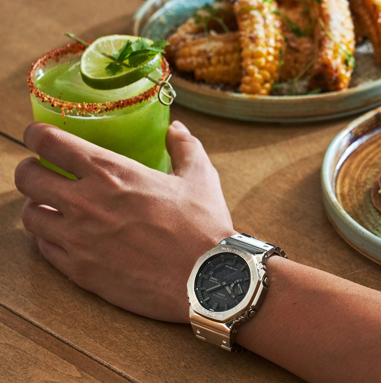 man wearing casio glashutte watch