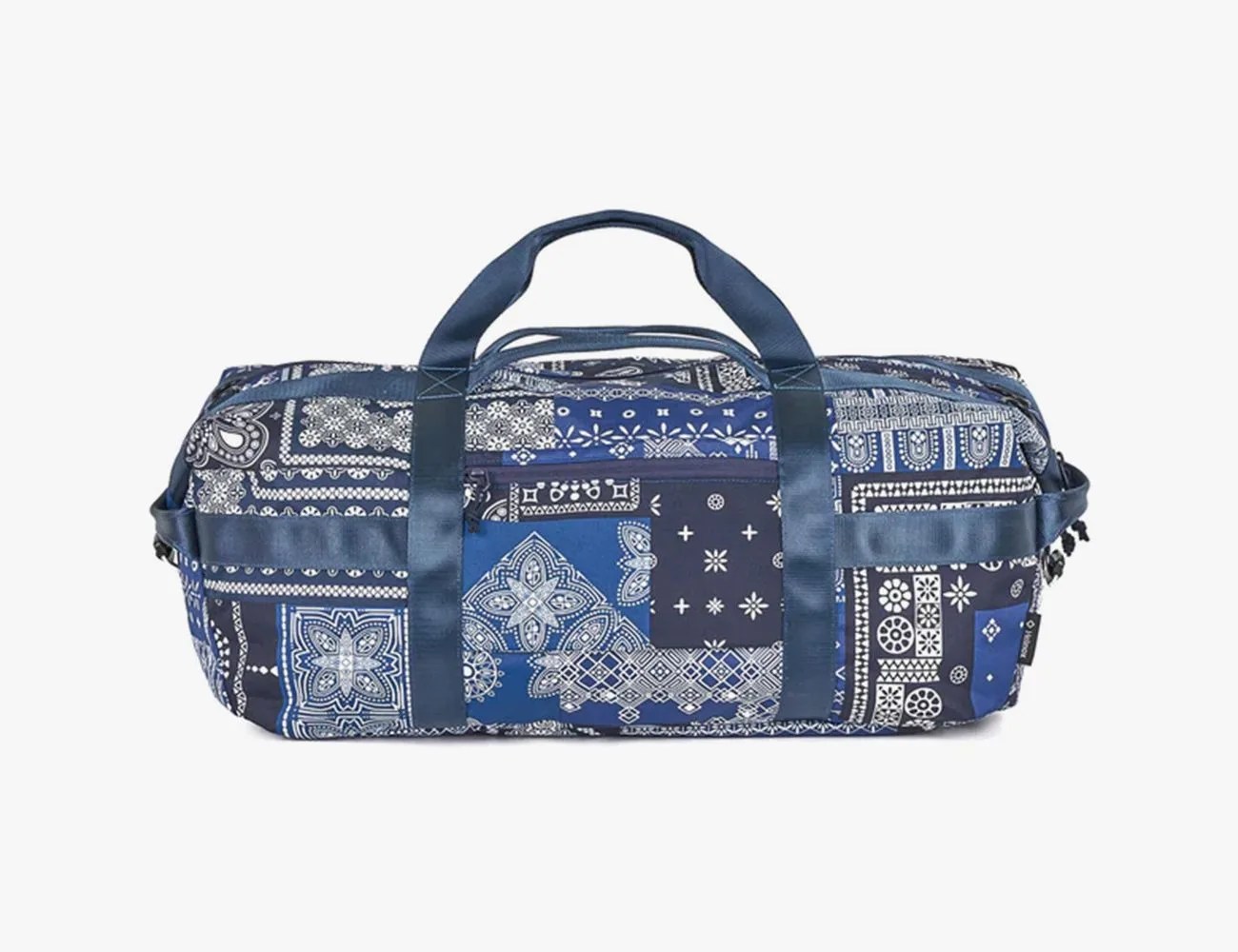 blue helinox duffle bag with bandana pattern