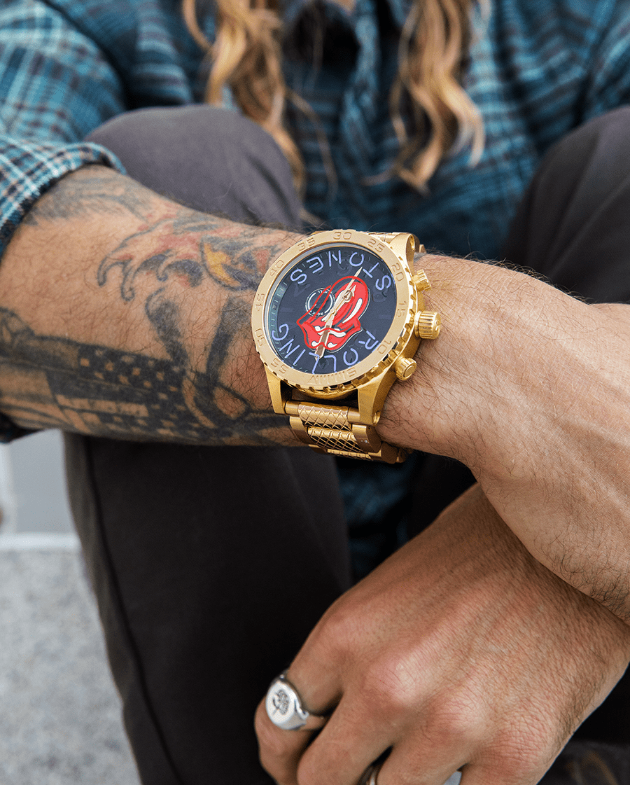man wearing nixon limited edition watches featuring rolling stone