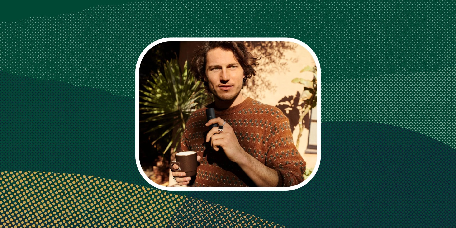 sponsored deal man holding pax vape and mug