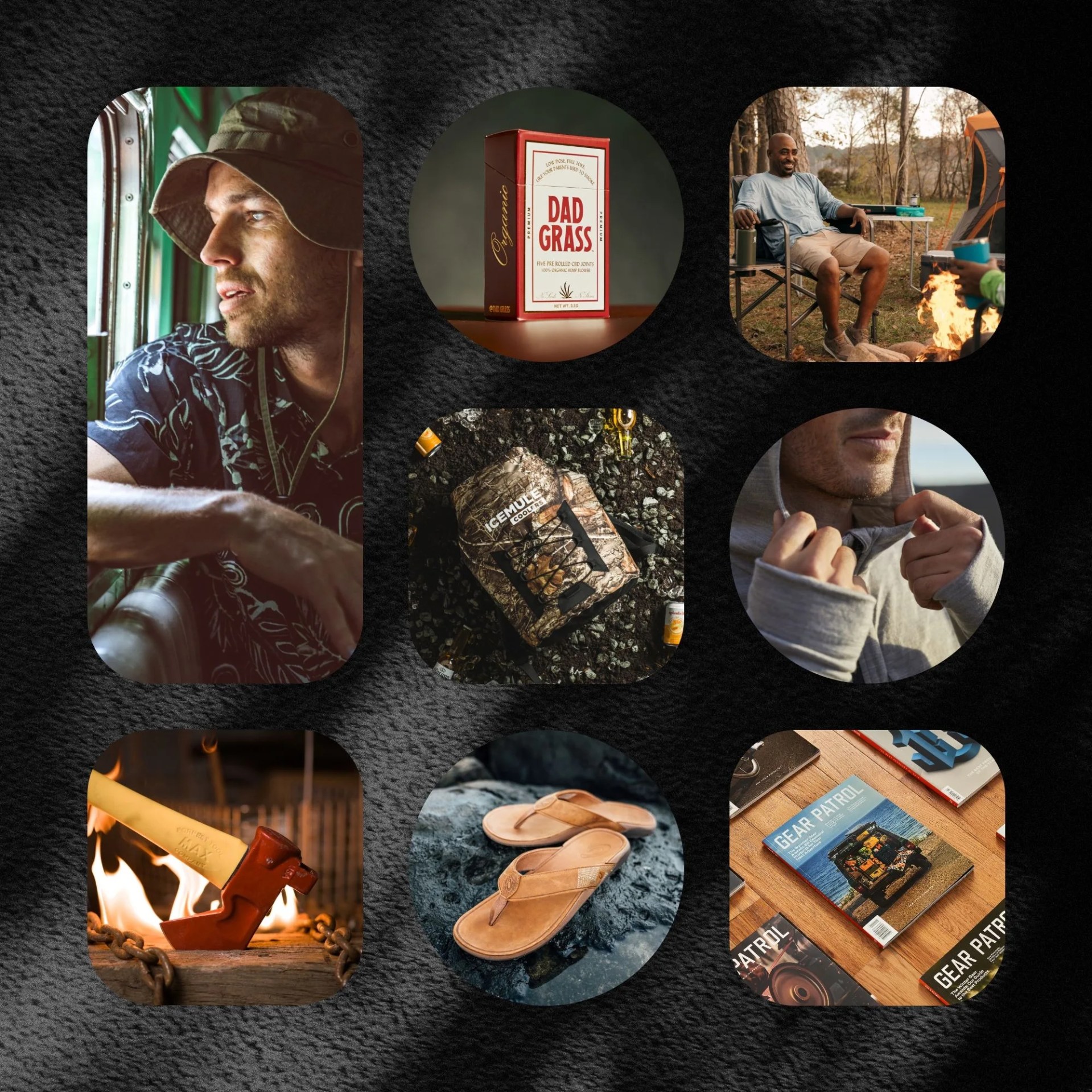 man looking out of window wearing roark gear, dad grass cbd joints, man sitting outdoors with friends around campfire, icemule pack, man adjusting icebreaker hoodie, forrest tool axe, olukai tuahine sandals, and gear patrol magazine