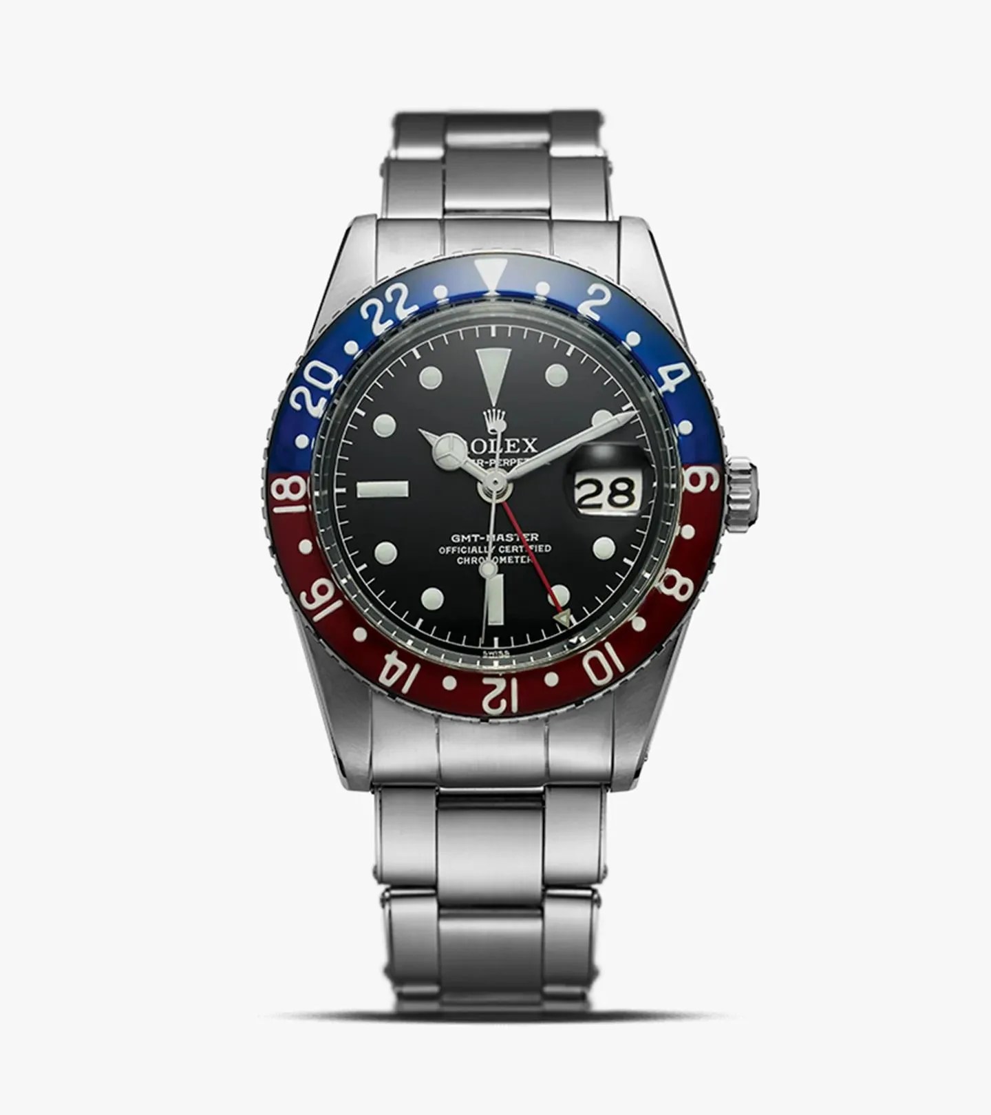 rolex watch with a red, blue, and black watch face
