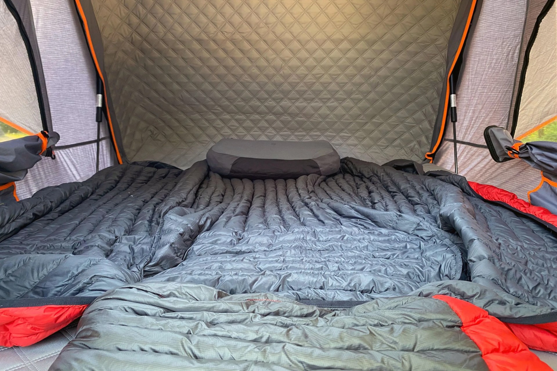 inside of the roofnest condor xl tent with sleeping bags