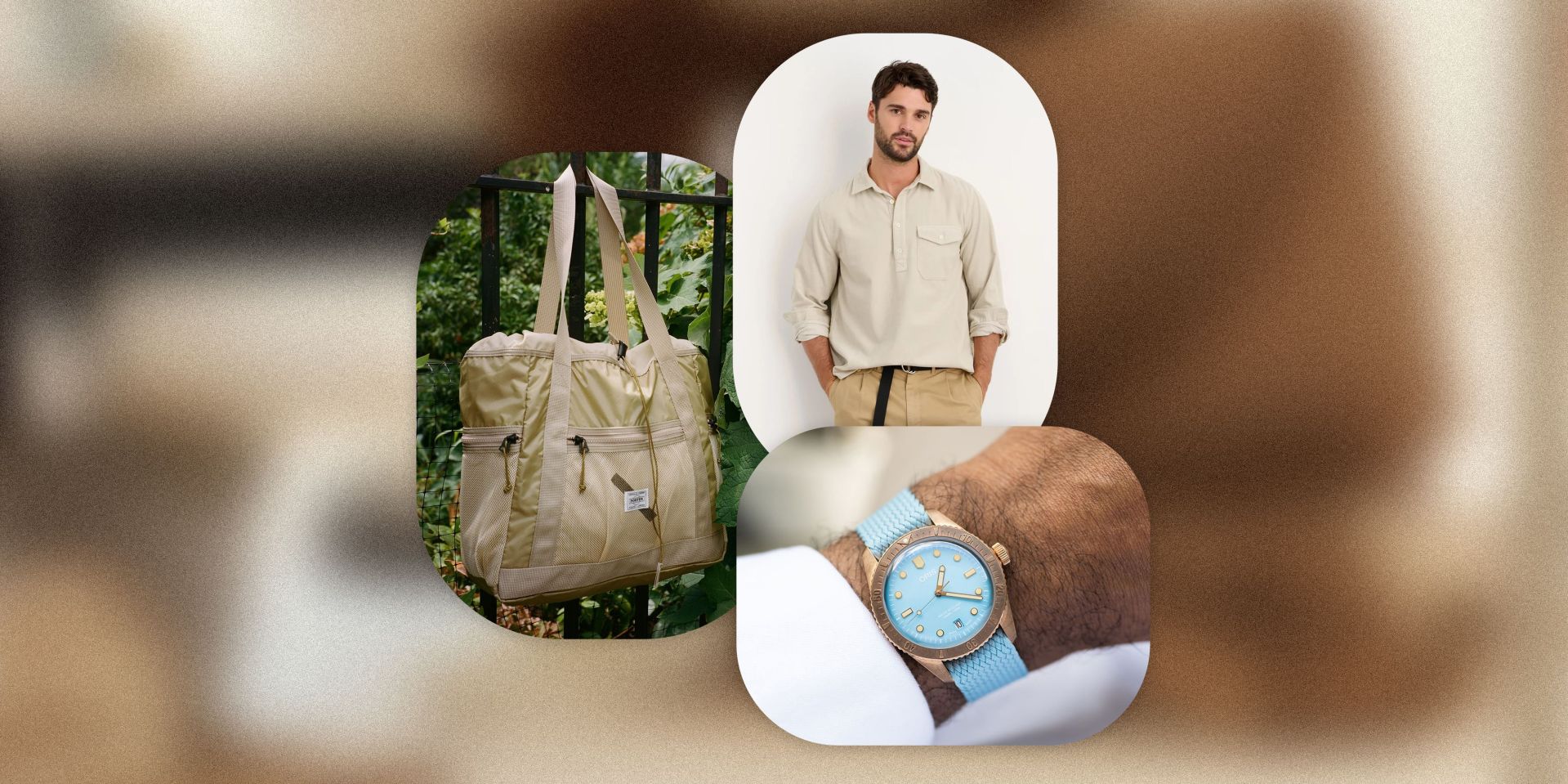 collage of a man wearing a long sleeve shirt, a blue watch, and a bag hanging on a fence
