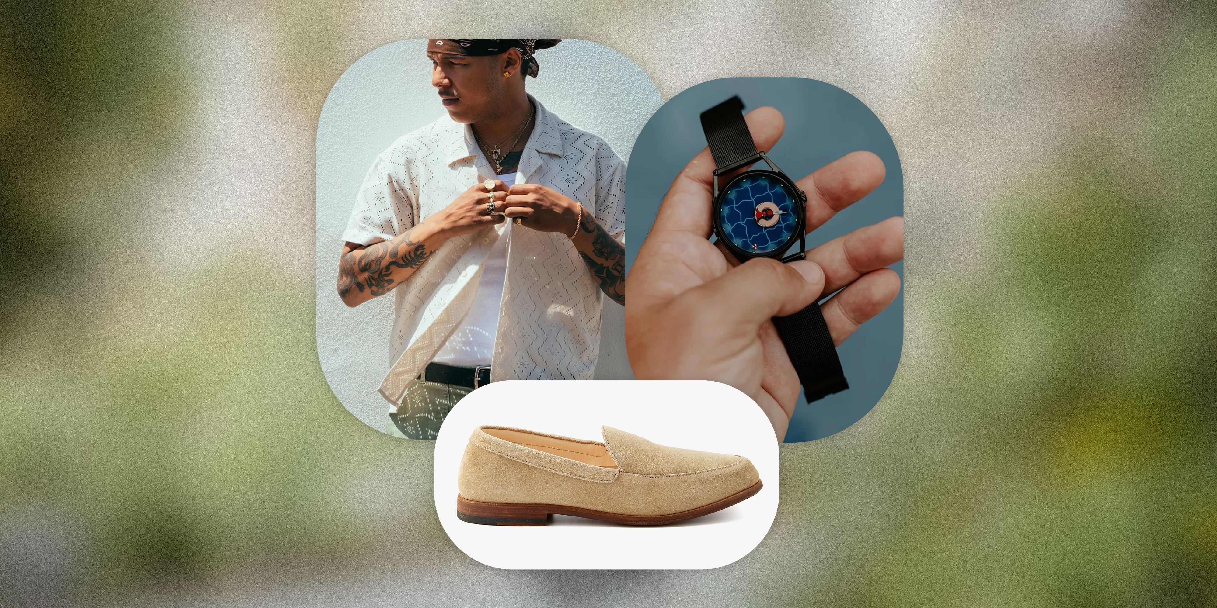 collage of man wearing a button down lace shirt, someone holding a watch, and a tan loafer shoe