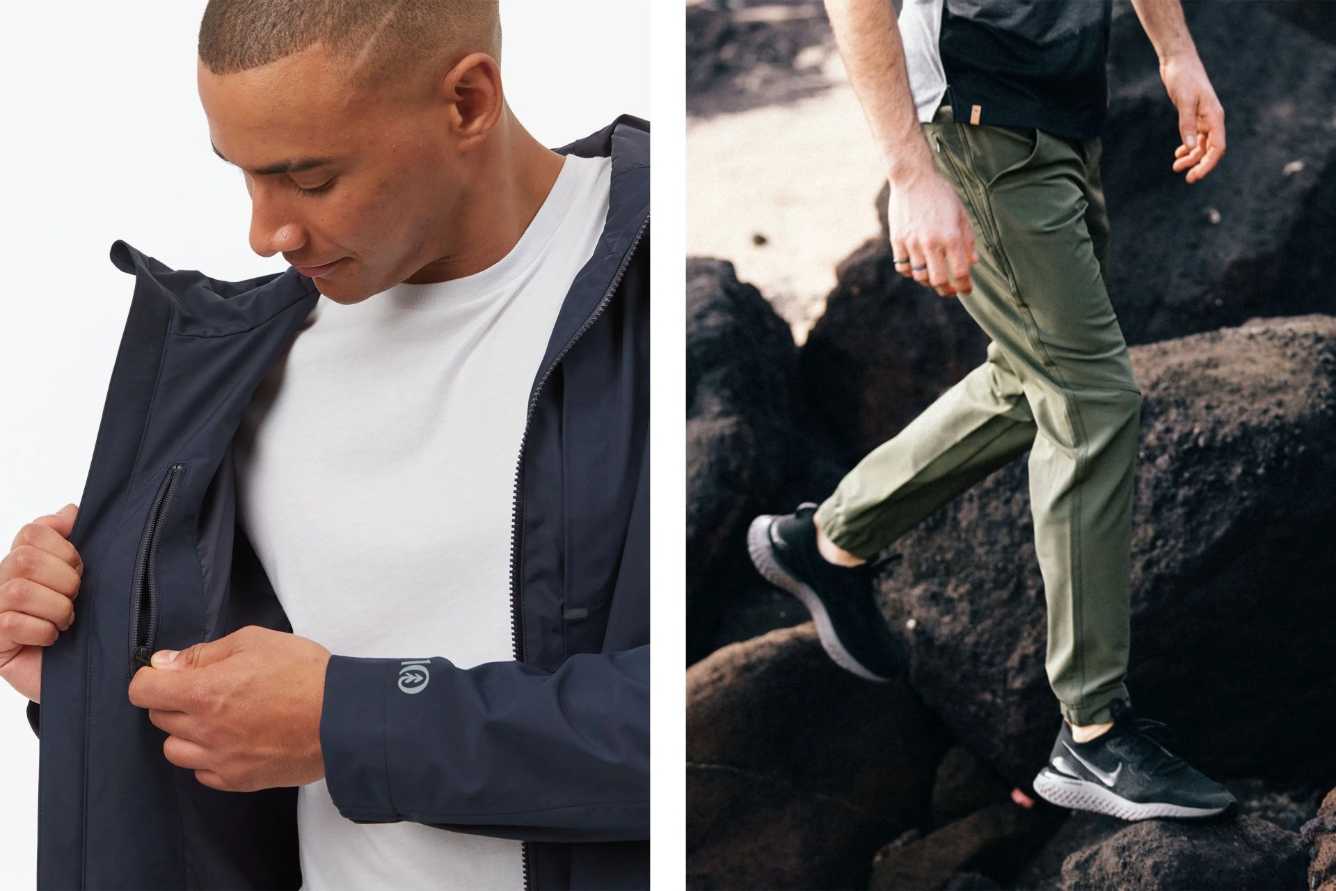 man wearing tentree rain jacket and joggers