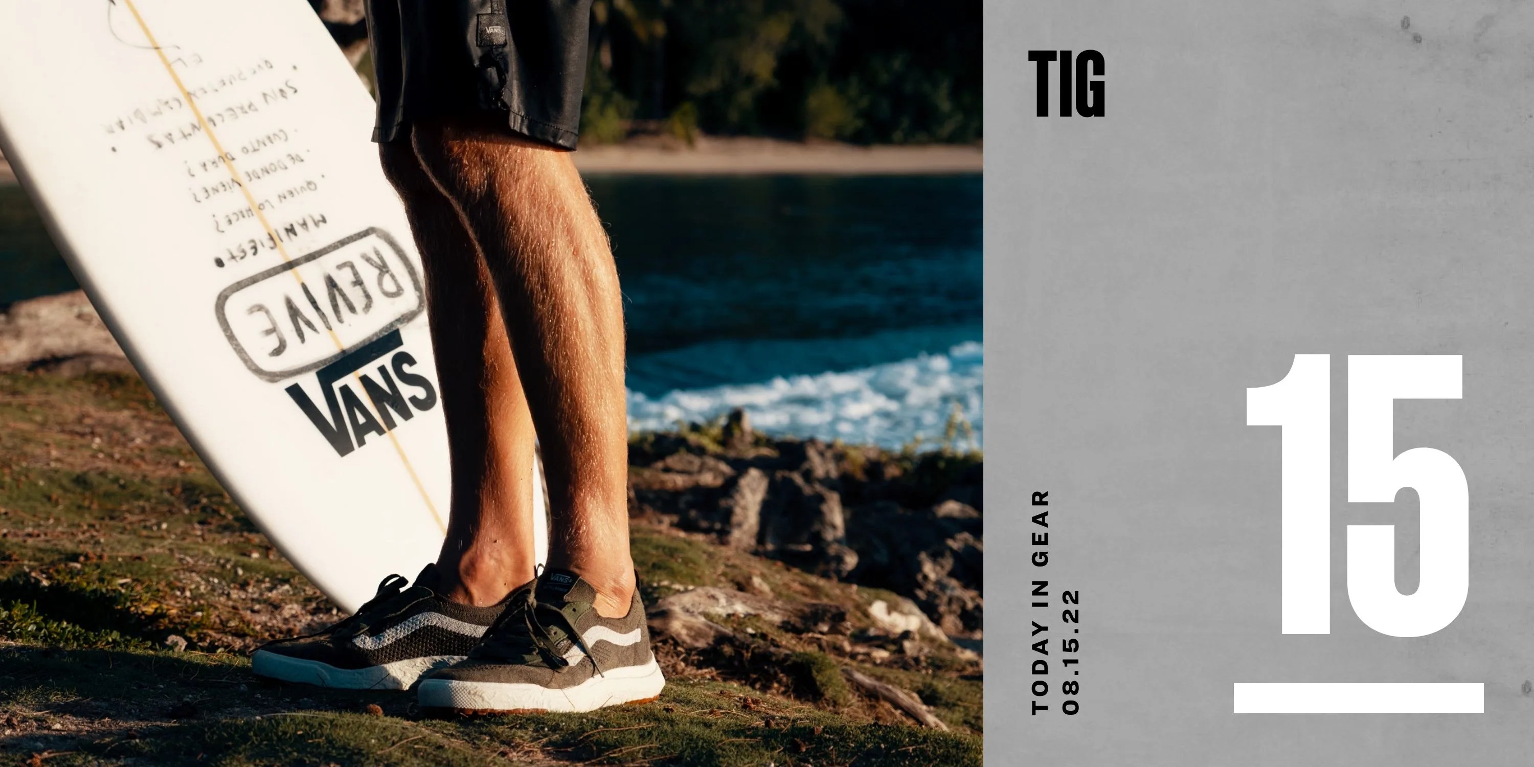 today in gear august 15 2022 man wearing vans sneakers at the beach while holding surfboard