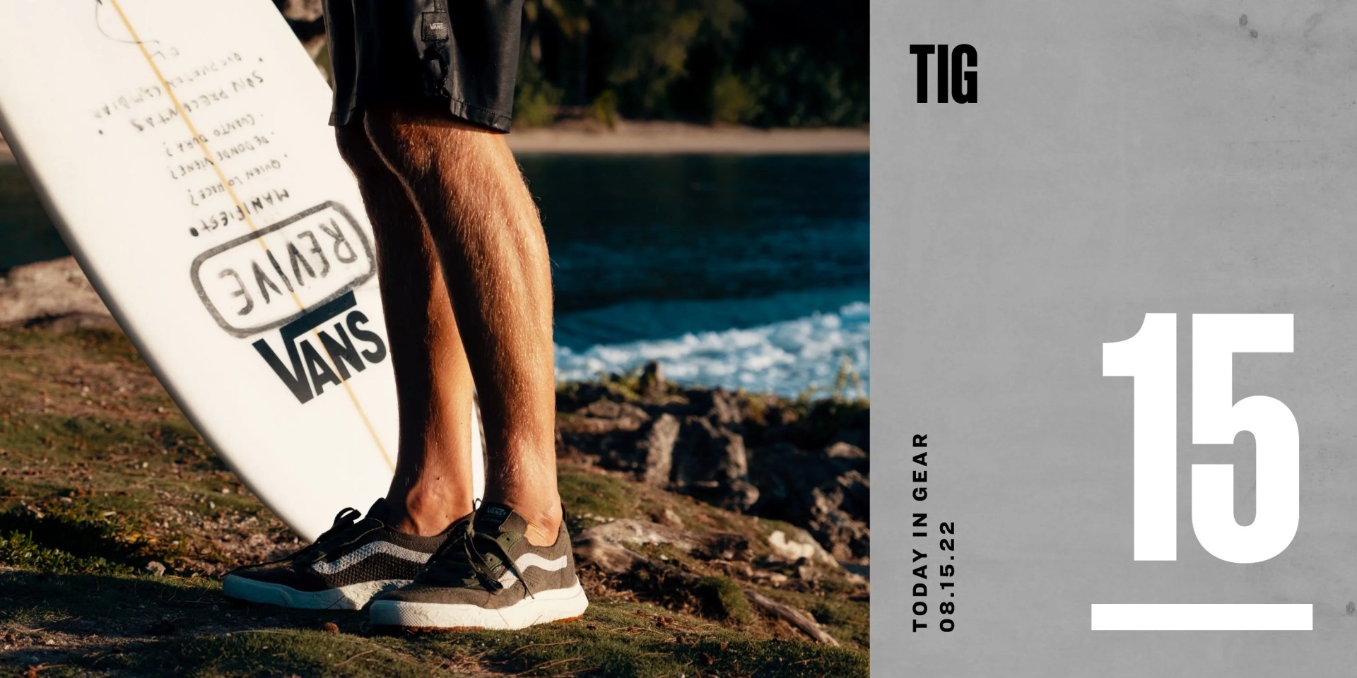 today in gear august 15 2022 man wearing vans sneakers at the beach while holding surfboard