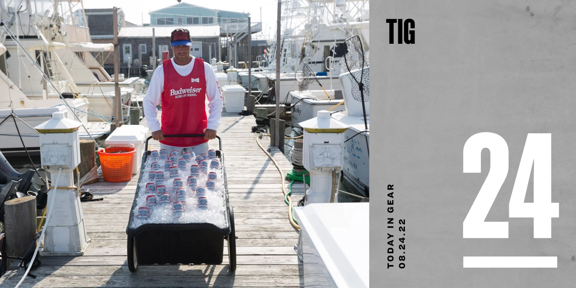 today in gear august 24 2022 man rolling beer along pier wearing budweiser collection