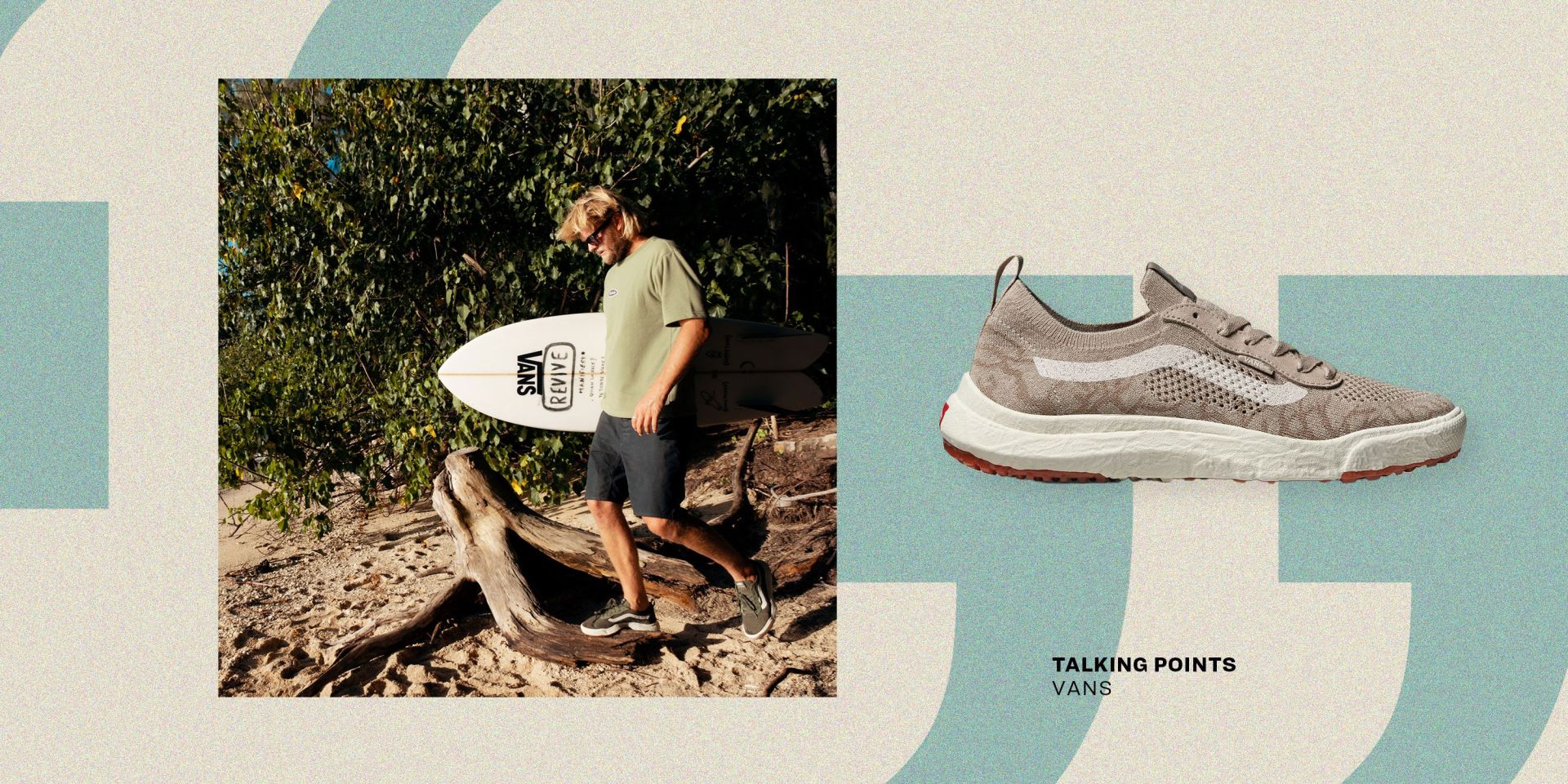 man wearing vans sneakers while walking across beach carrying surfboard