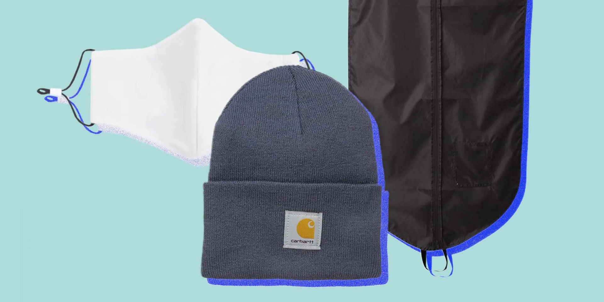 mask, knit hat, garment bag