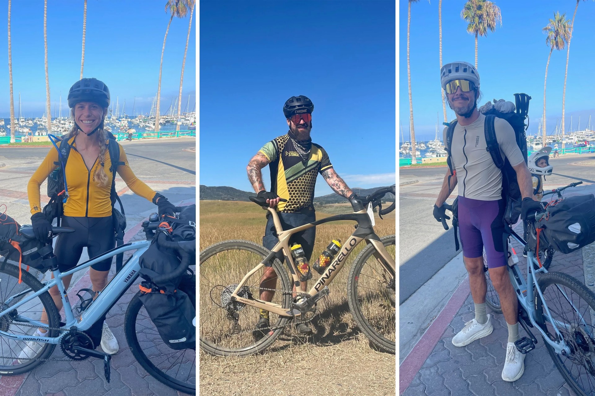 collage of three people in cycling bibs with bikes