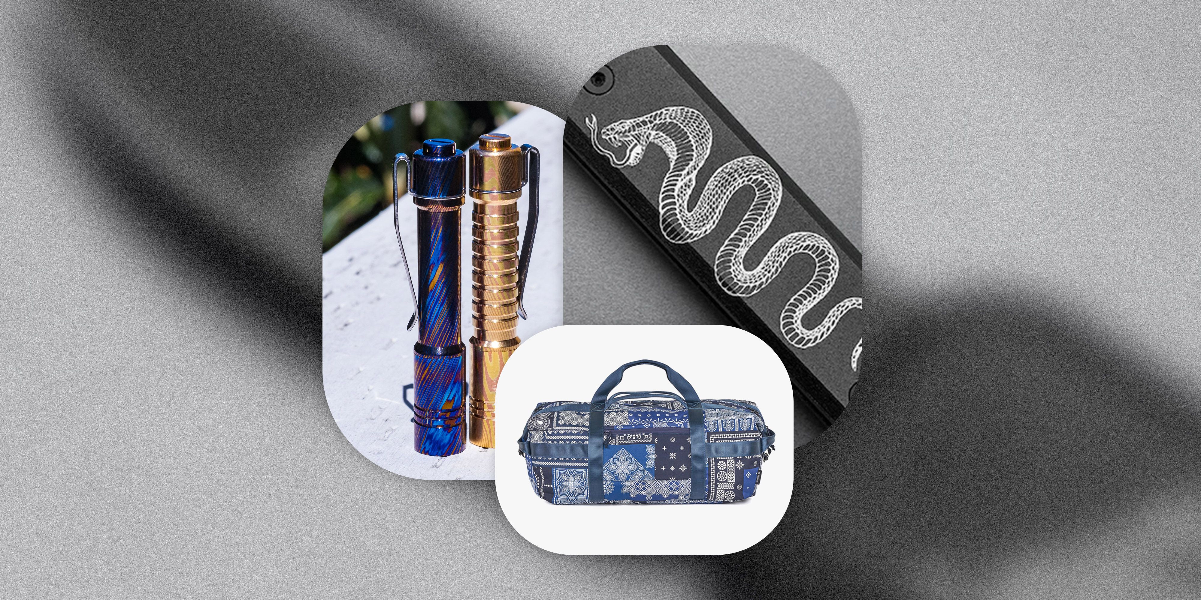 snake etched onto hilt of knife, flashlights, and duffel