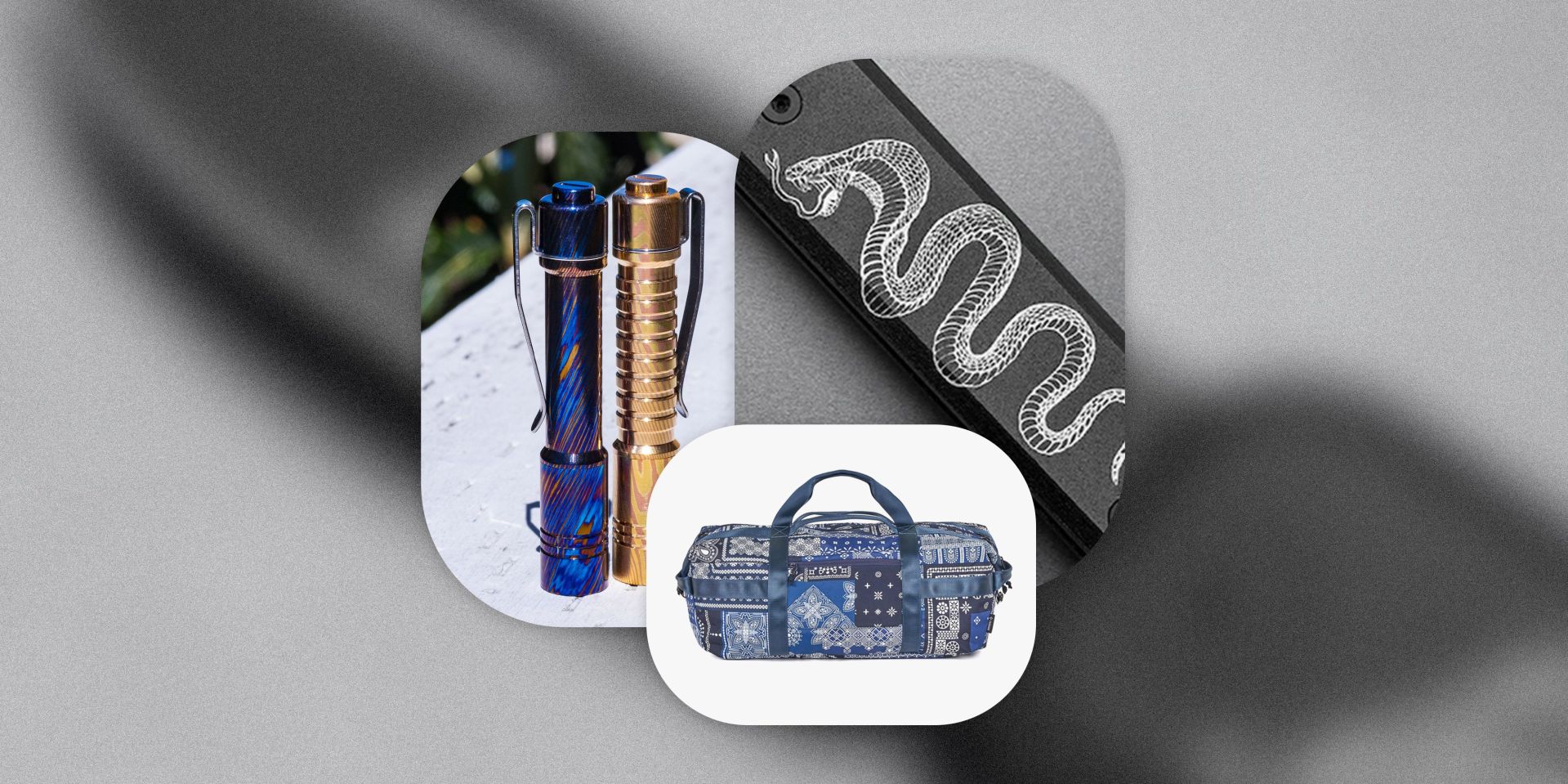 snake etched onto hilt of knife, flashlights, and duffel
