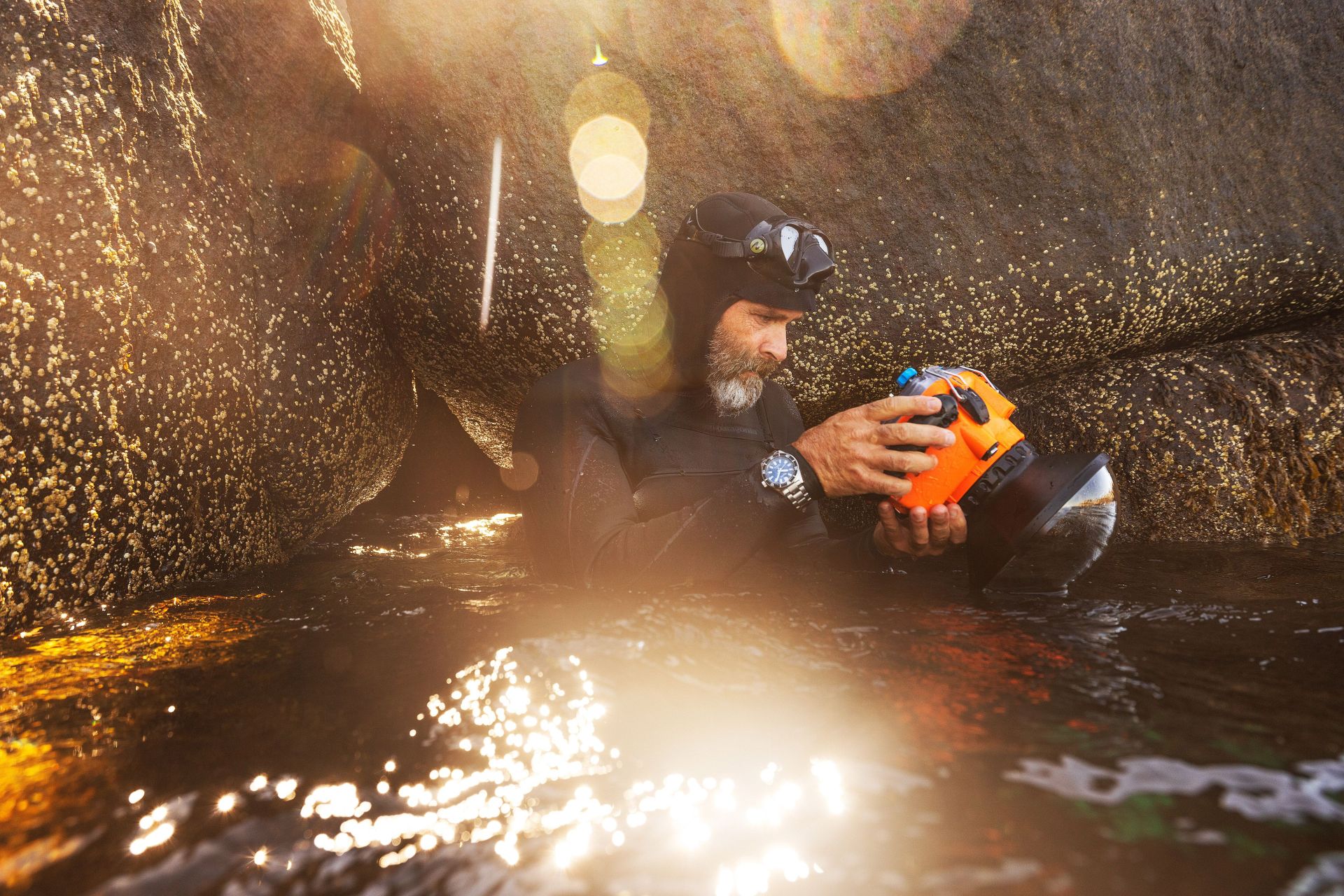 nick lavecchia wearing seiko watch and diving gear while looking into camera