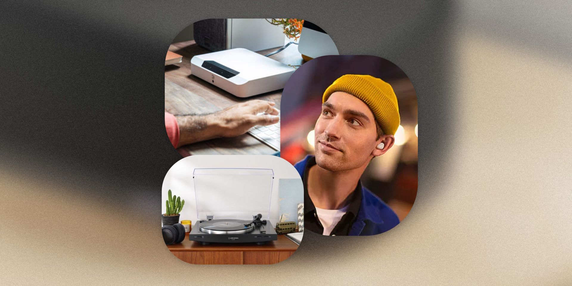 a collage image featuring a bluesound powernode edge, jabra elite 5 headphones, and an audio technica turntable