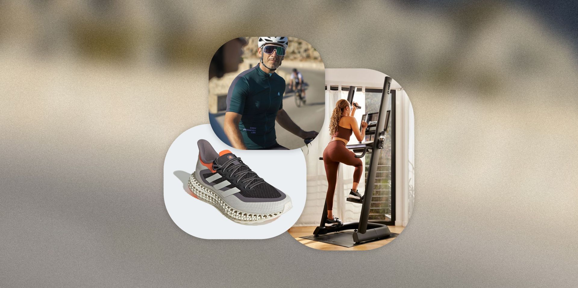 collage of a shoe, man biking, and a woman using stair climber fitness equipment