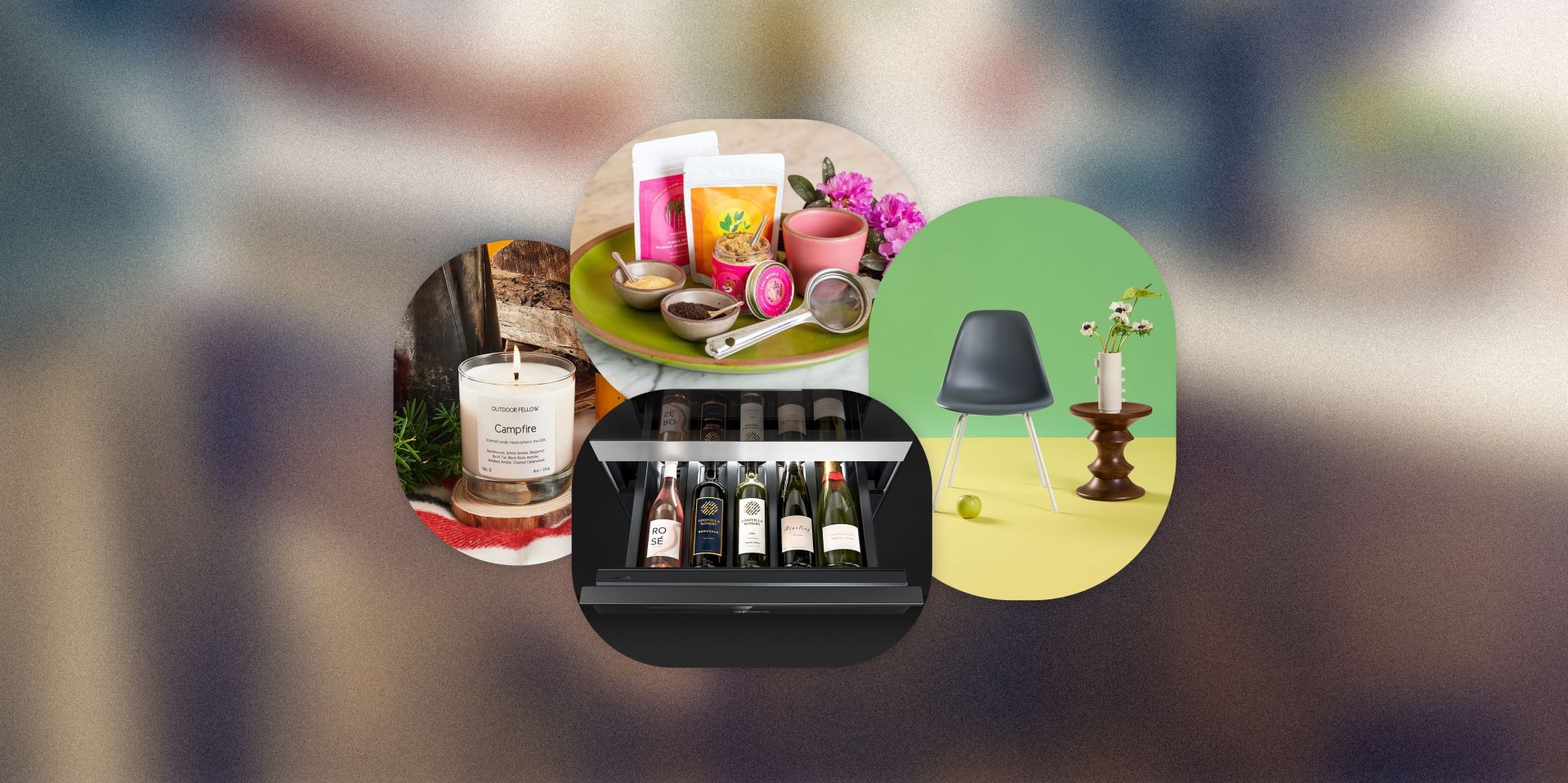 collage of a candle, chai tea, wine drawer, and a chair