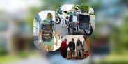 collage of a man wearing a backpack, a dog in a bike carrier, and four people around a campfire