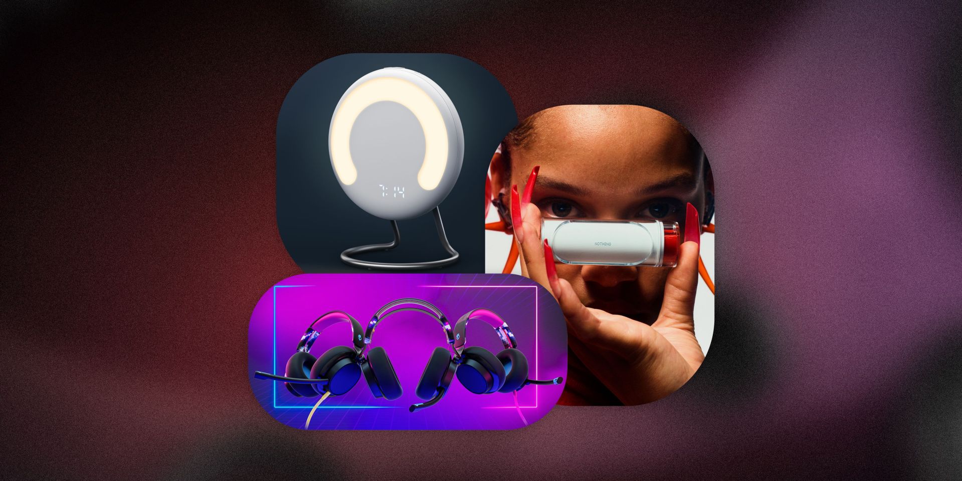 collage of nothing ear stick, amazon halo, and three pairs of gaming headphones