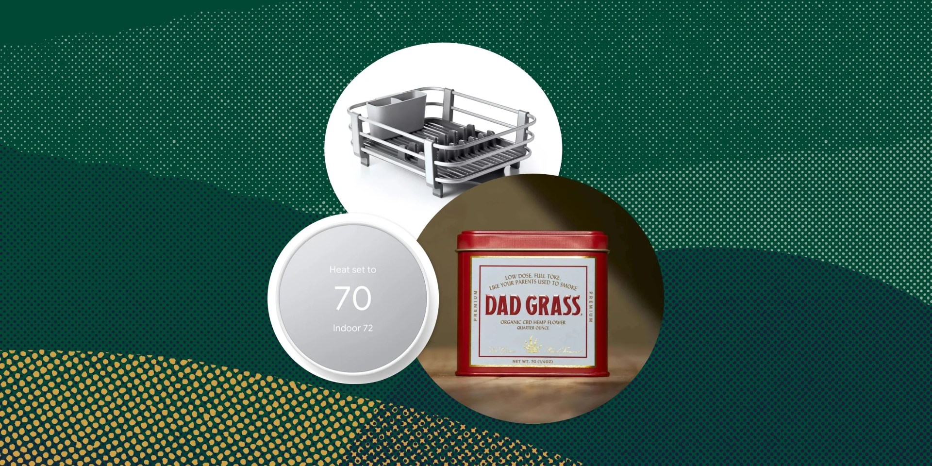 collage of a thermostat, dish rack, and dad grass