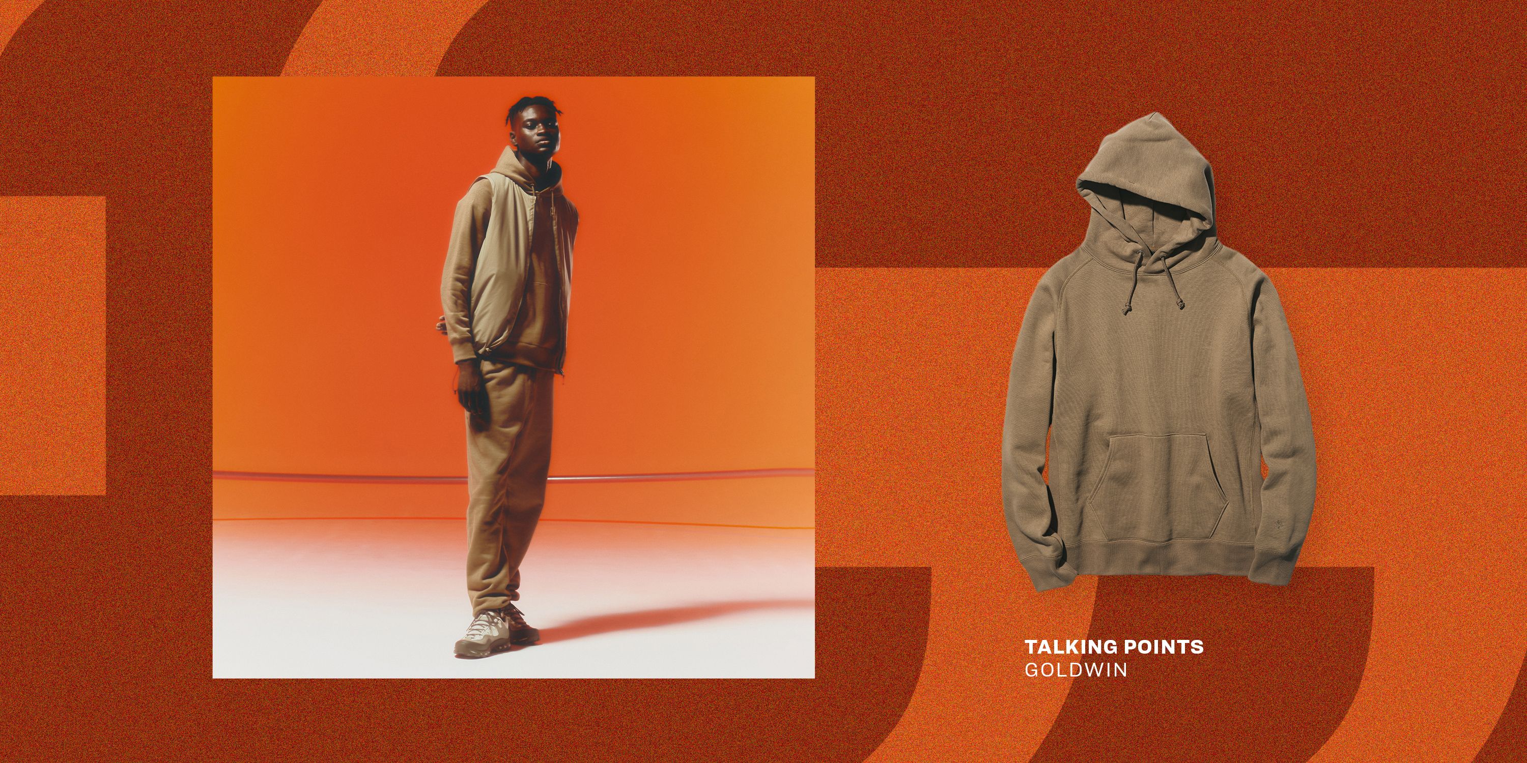 collage of a man in a tan outfit next to a product image of a hoodie