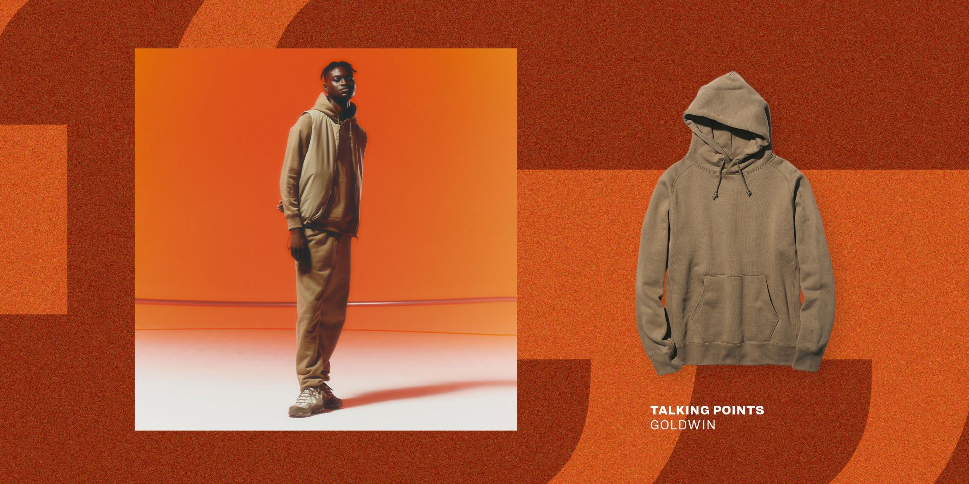 collage of a man in a tan outfit next to a product image of a hoodie