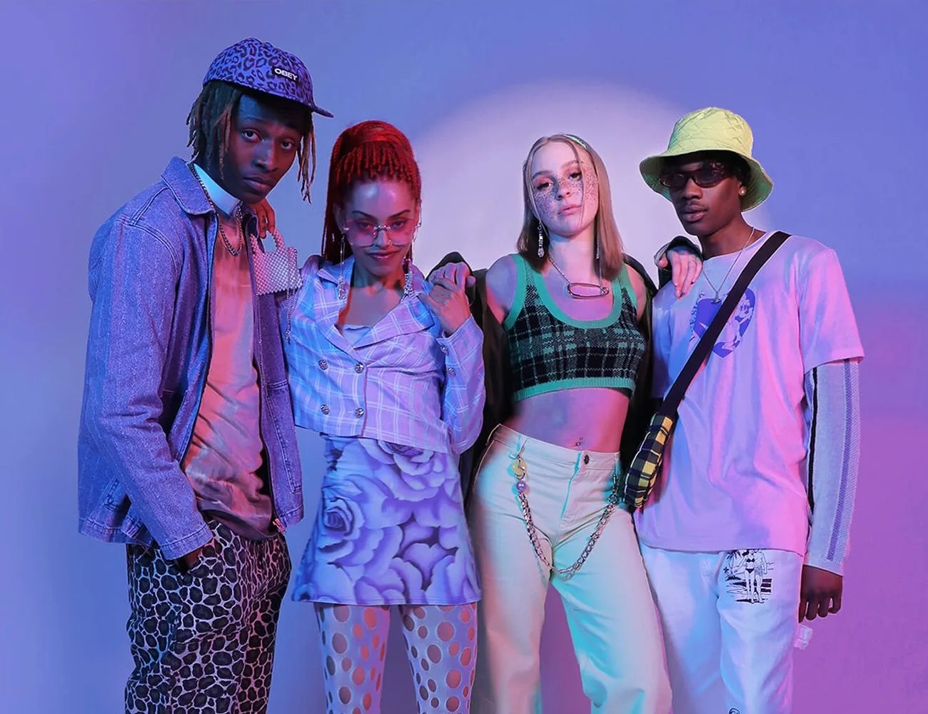 depop group of adults modeling clothing