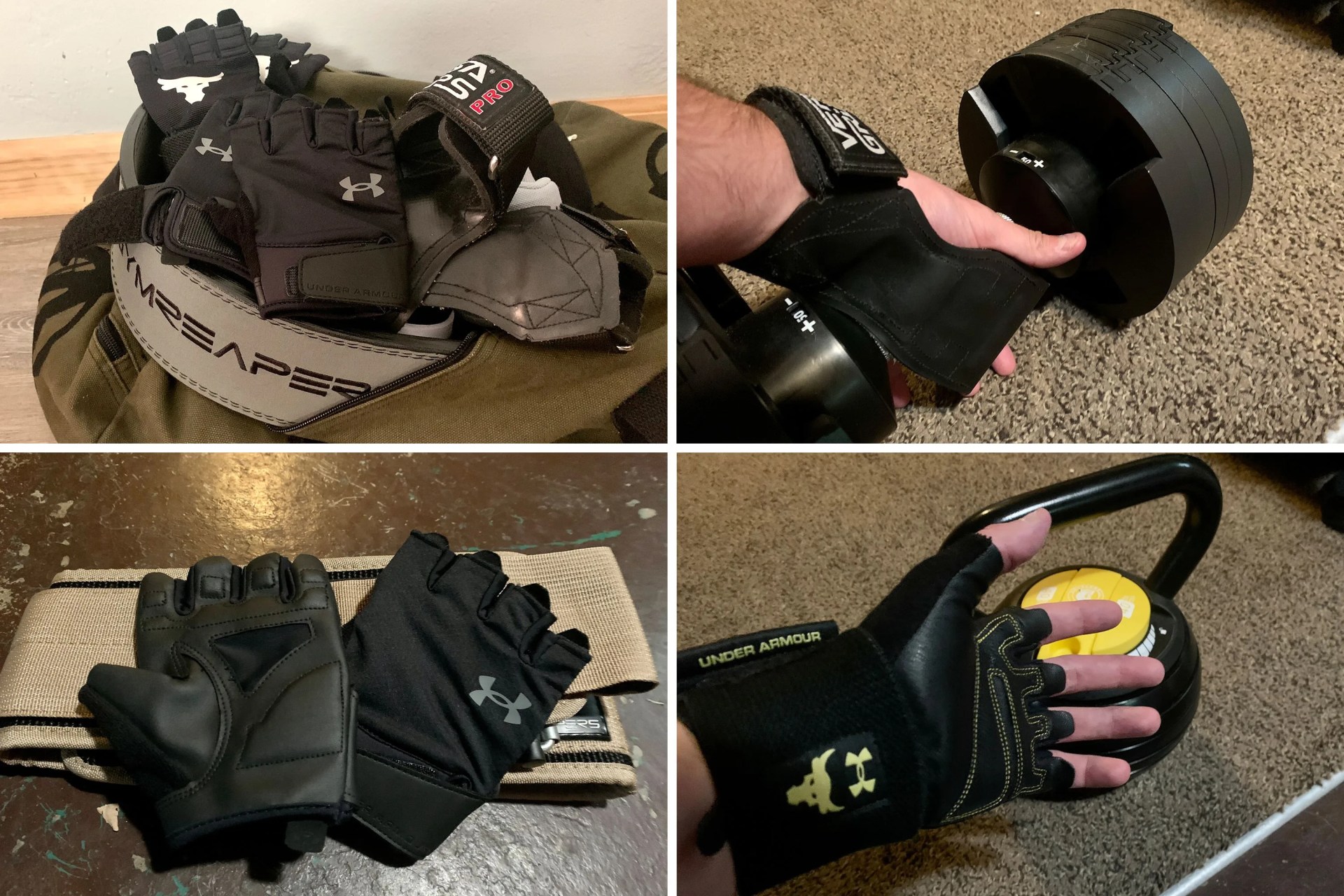 collage of weightlifting gloves