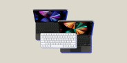 a collage featuring an 11 inch ipad keyboard, a 12 inch ipad keyboard, and an apple magic keyboard with touch id