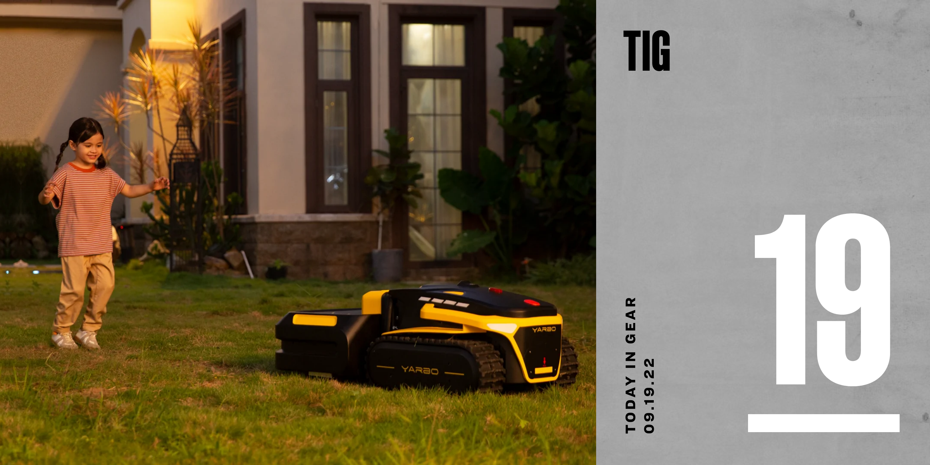 a yarbo lawn mower mowing a yard with a child running after it