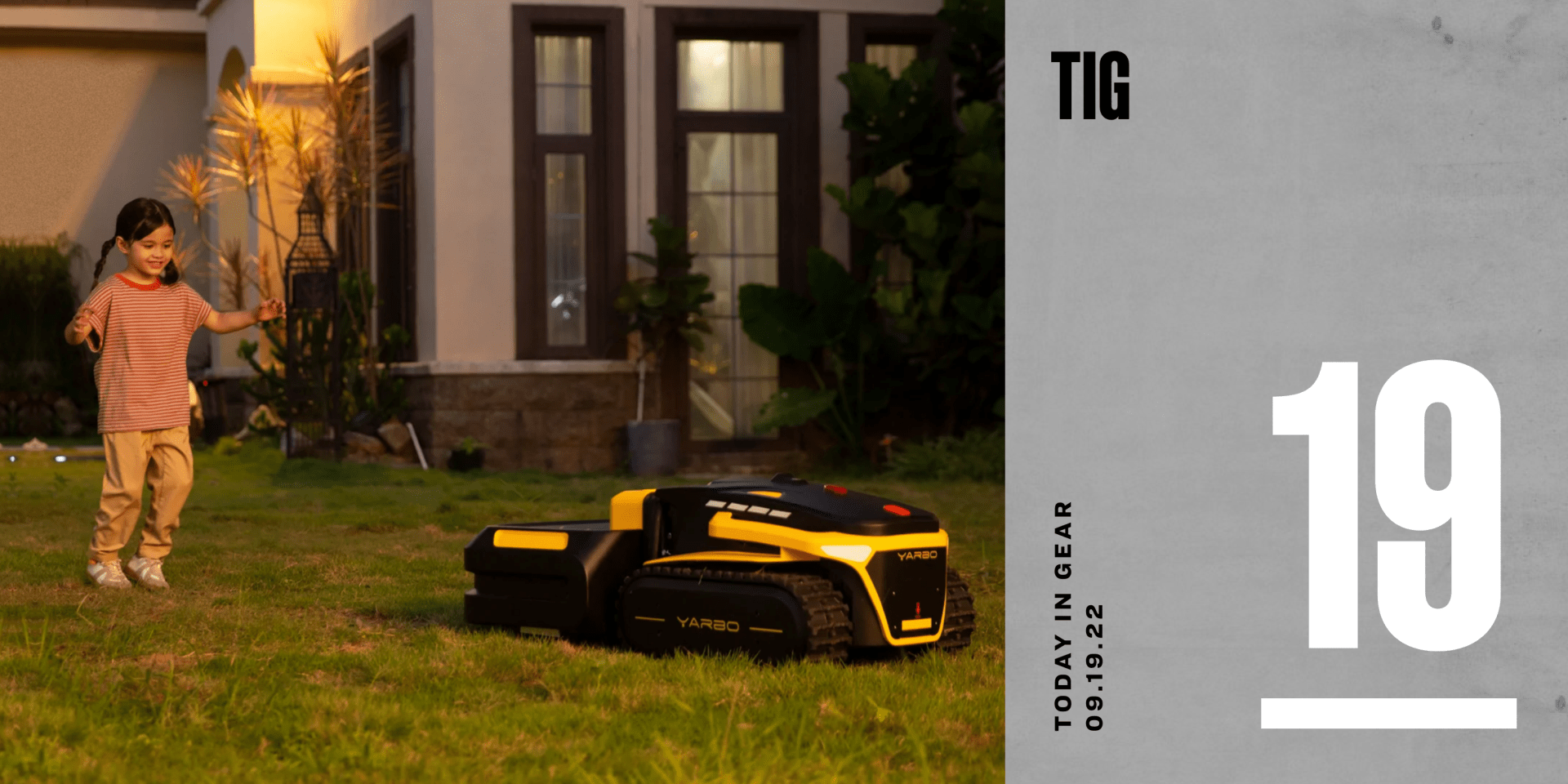 a yarbo lawn mower mowing a yard with a child running after it
