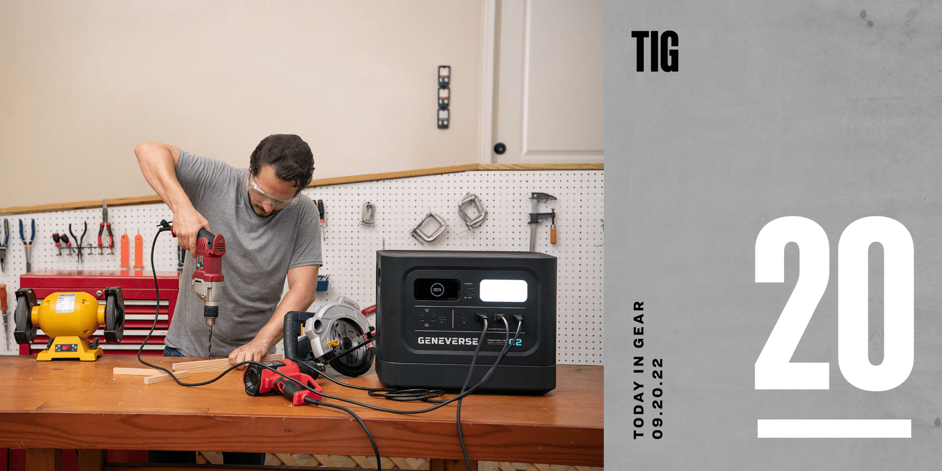 a man using a cord drill being powered by a geneverse homepower one pro