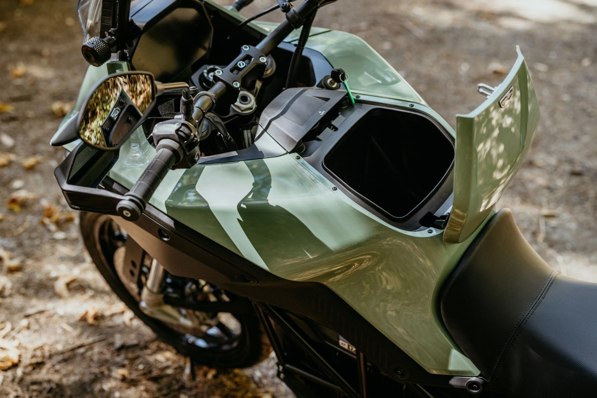 front storage compartment on a zero dsrx motorcycle