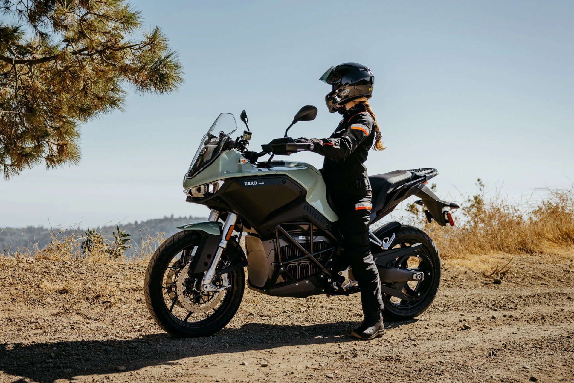 woman on a zero dsrx motorcycle