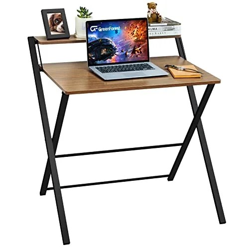GreenForest Folding Desk No Assembly Required, Computer Desk with 2-Tier Shelf Foldable Table for Small Spaces 29.5 x 20.47 inch, Espresso
