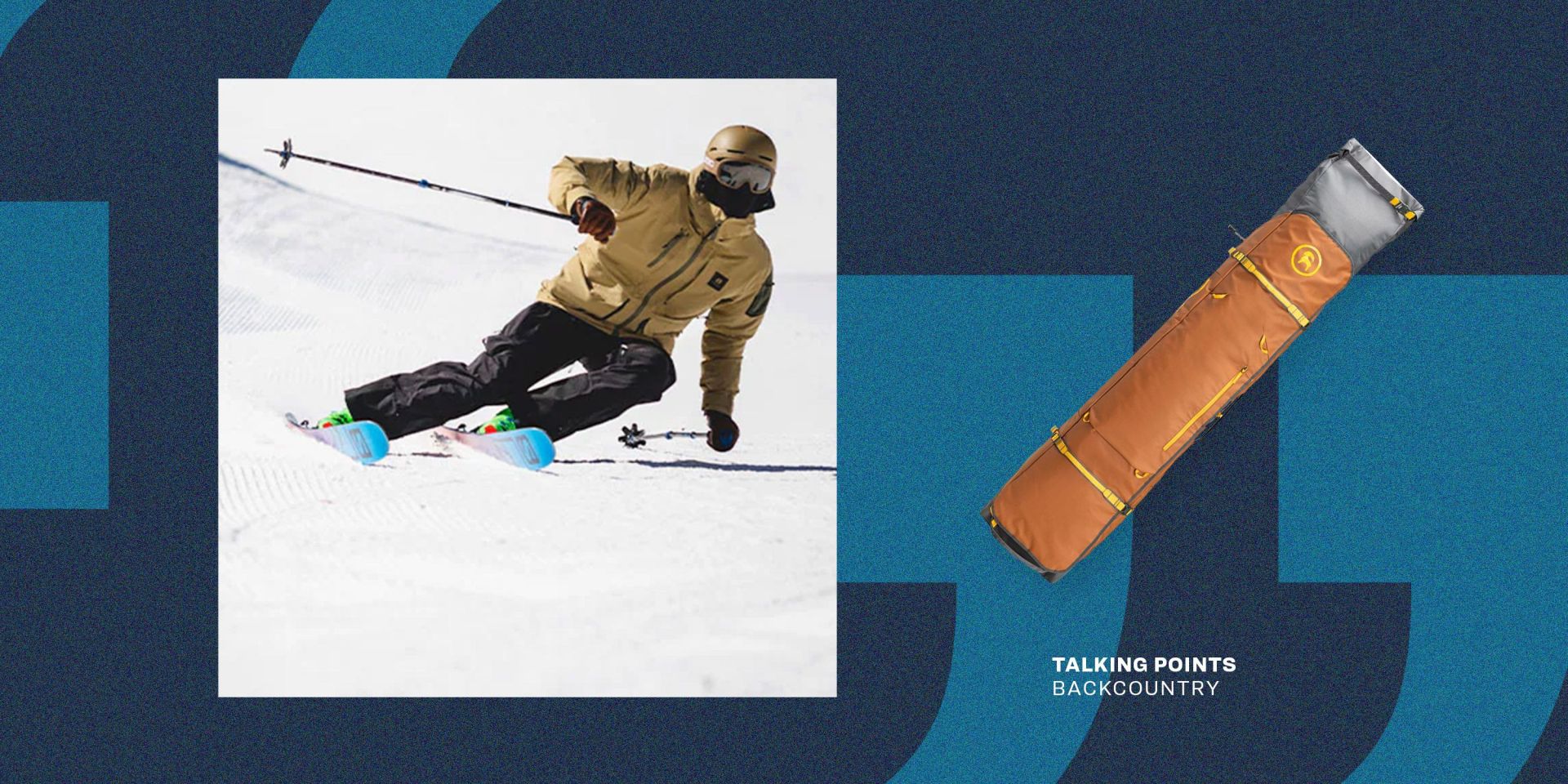 talking points man skiing next to backcountry double ski and snowboard rolling bag