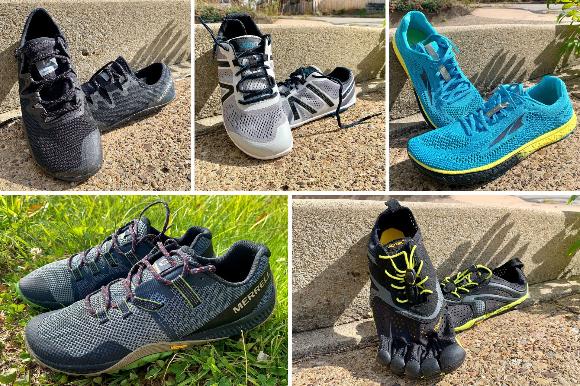 collage of running shoes on a sidewalk
