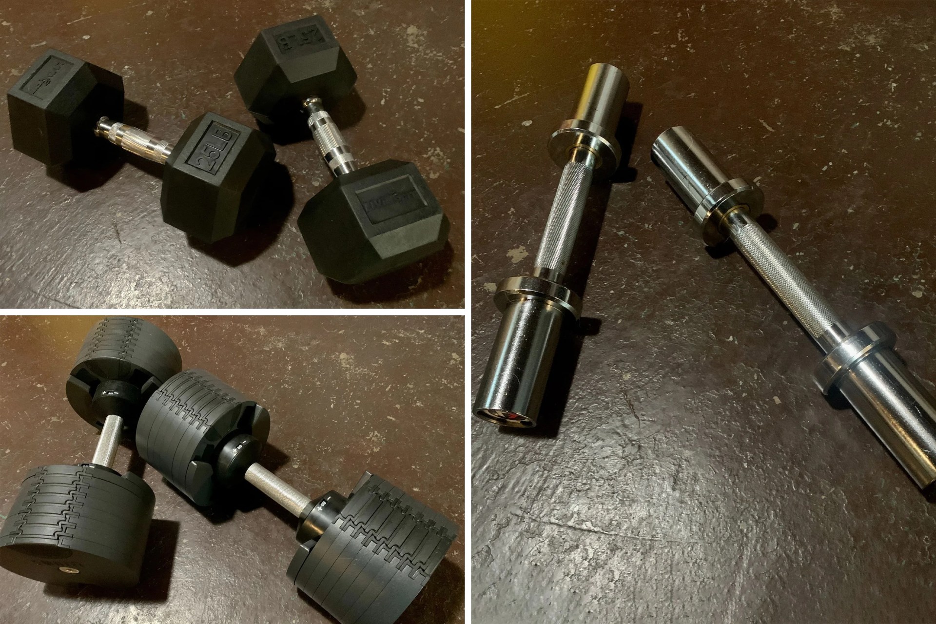three sets of dumbbells sitting on a gym floor
